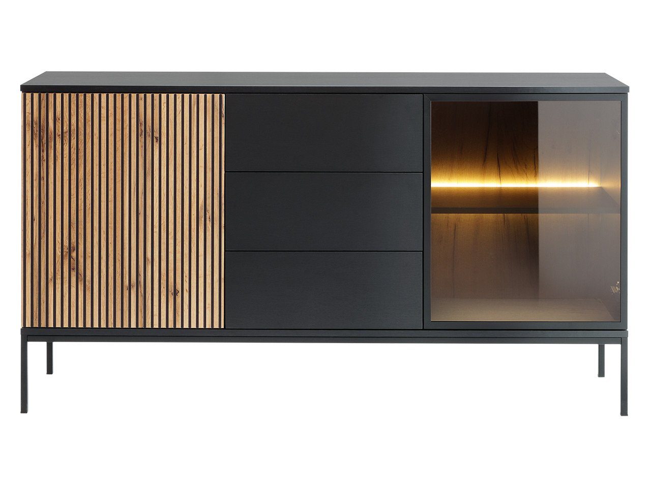 Mirjan24 Kommode Sento KSZ154 (mit 2-Drehtüren und 3-Schubladen), mit LED-Beleuchtung, Schwarze Untergestell aus Metall
