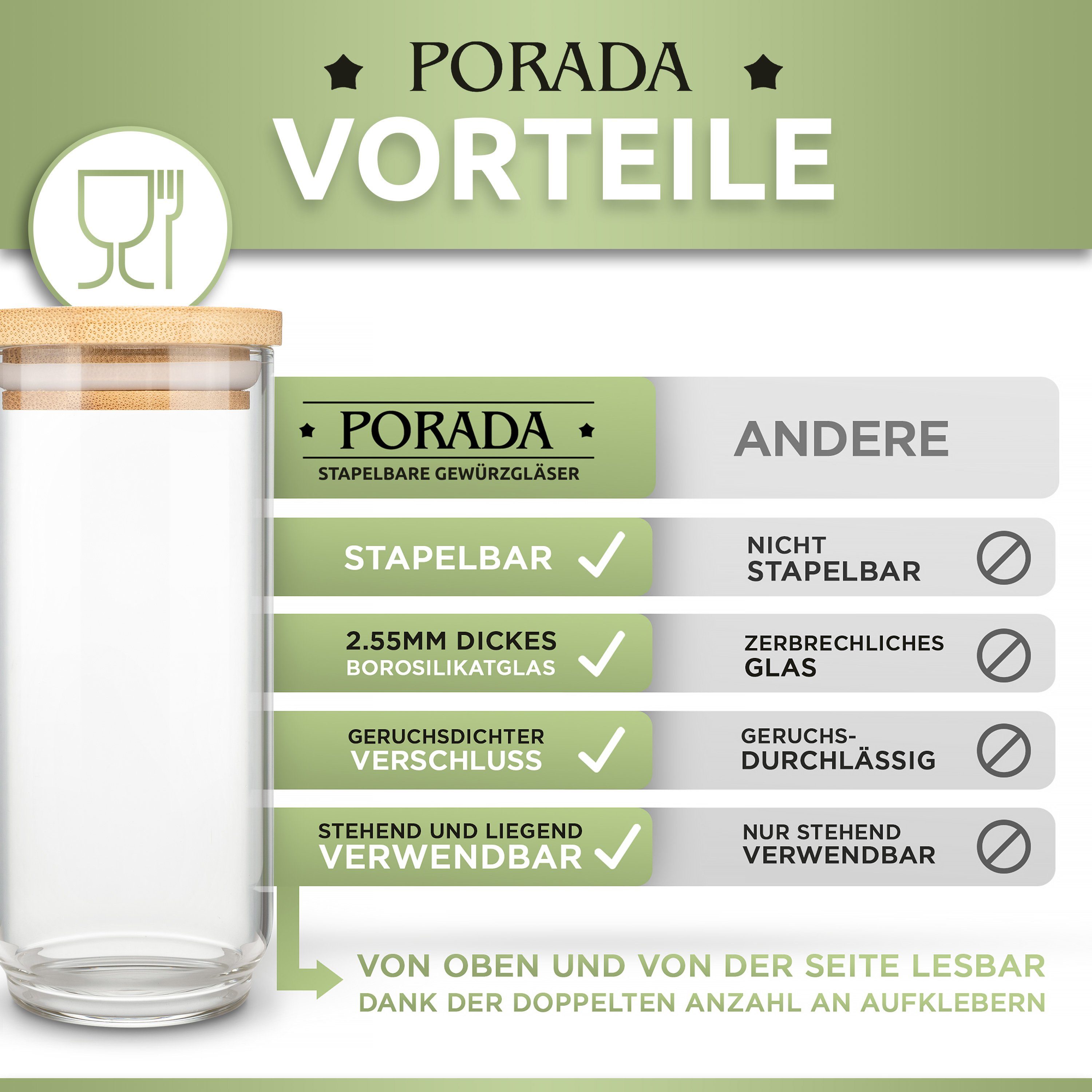 PORADA Gewürzbehälter Gewürzgläser 250 ml Set stapelbare Glasbehälter mit Deckel, (Set, 6-tlg., 6x Gewürzgläser 250ml, 12x runde Aufkleber, 12x ovale Aufkleber), Handarbeit, platzsparend, stapelbar. Bambusdeckel, geruchsdicht