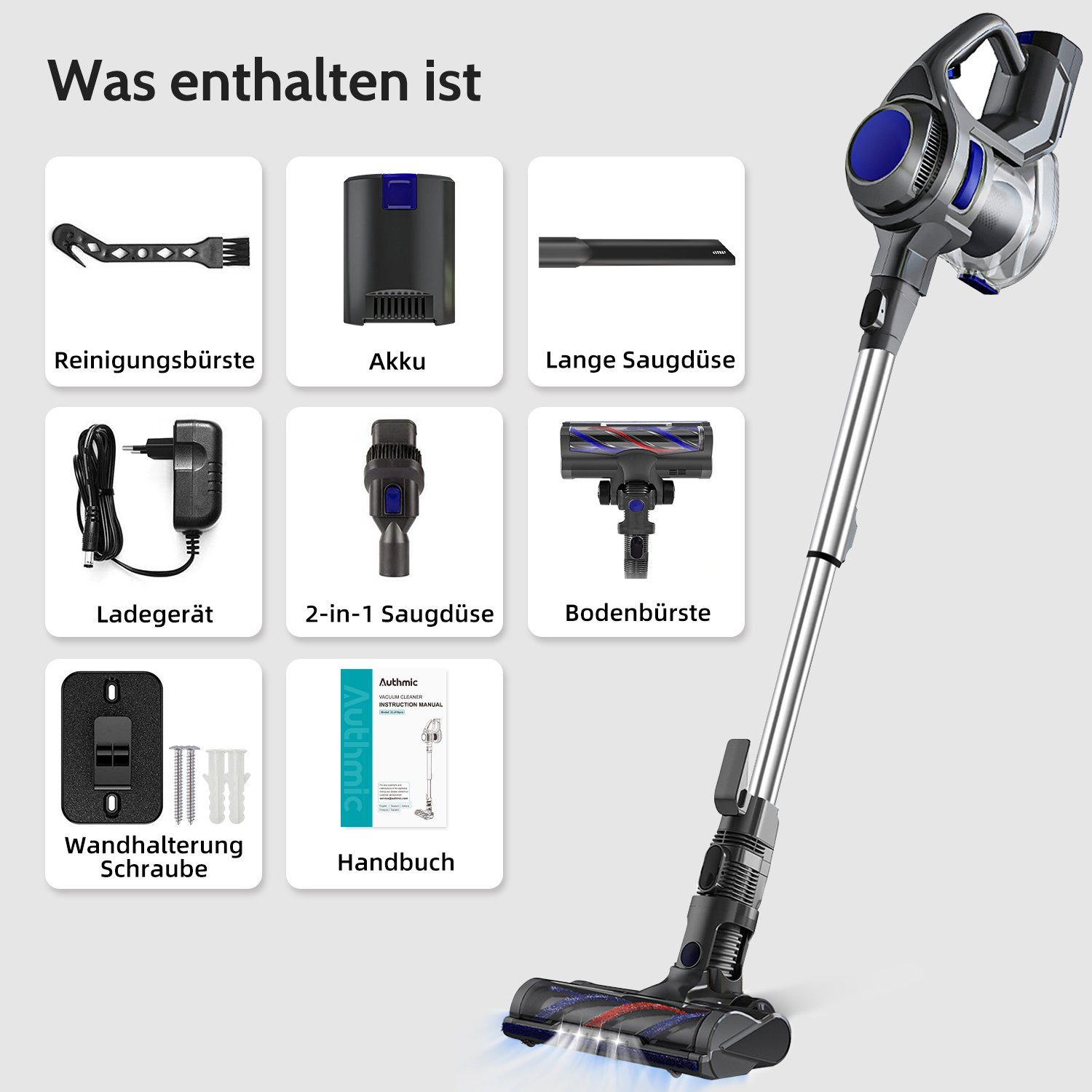 Authmic Akku-Stielstaubsauger Akku Staubsauger, Staubsauger Kabellos mit 25000pa Saugkraft, Akkusauger, Bis zu 50 Min Laufzeit, 1.3L Staubbehälter, kabelloser Staubsauger für Tierhaare,Teppich und Hartböden