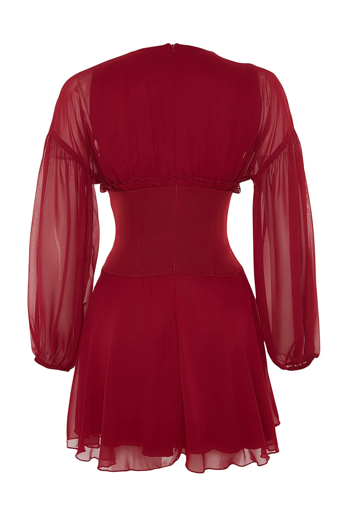 Trendyol Collection  Elegantes Abendkleid aus Burgunderrot mit offener Taille/Skater-Chiffon TPRAW24EL00040