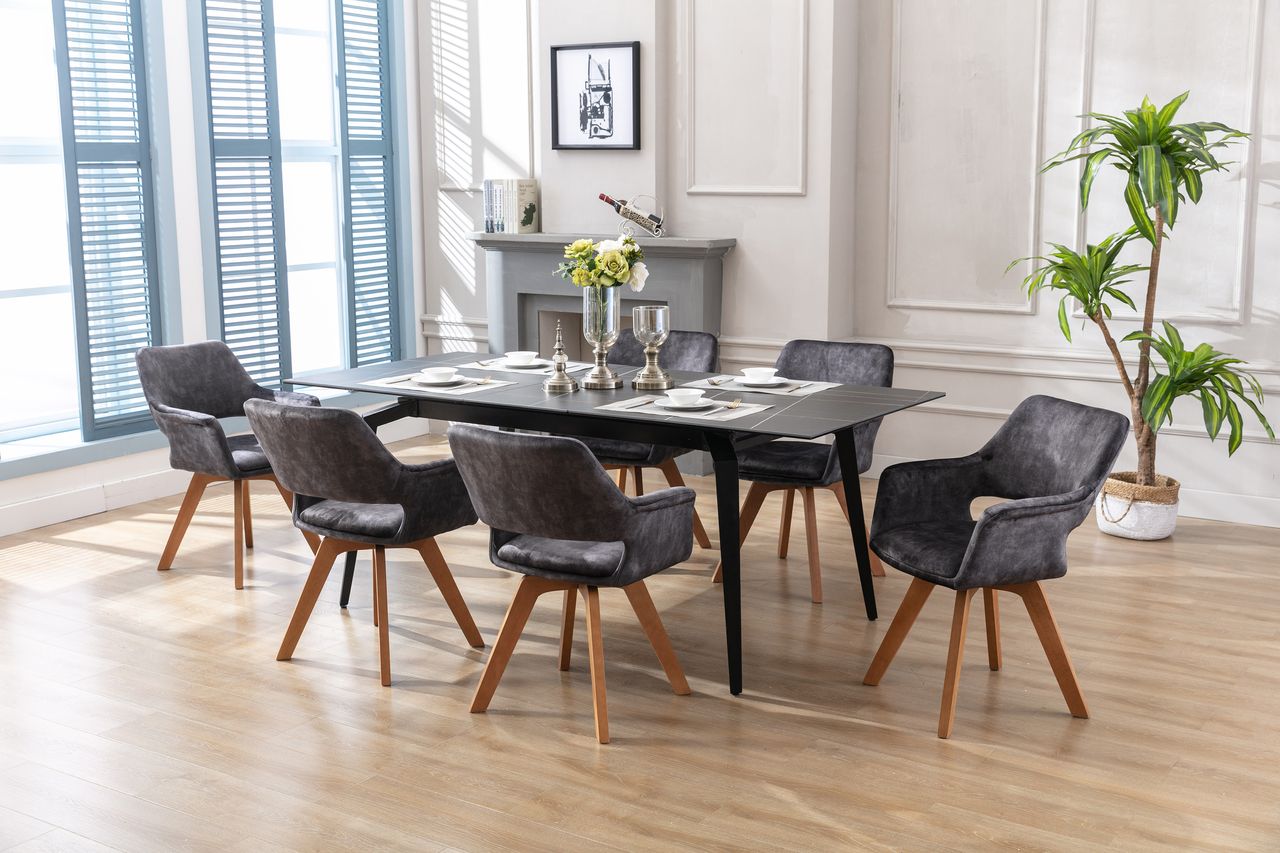 byLiving KLARA Stuhl, 2er Set, Massivholz Eiche-Optik, Vintage Samtbezug anthrazit