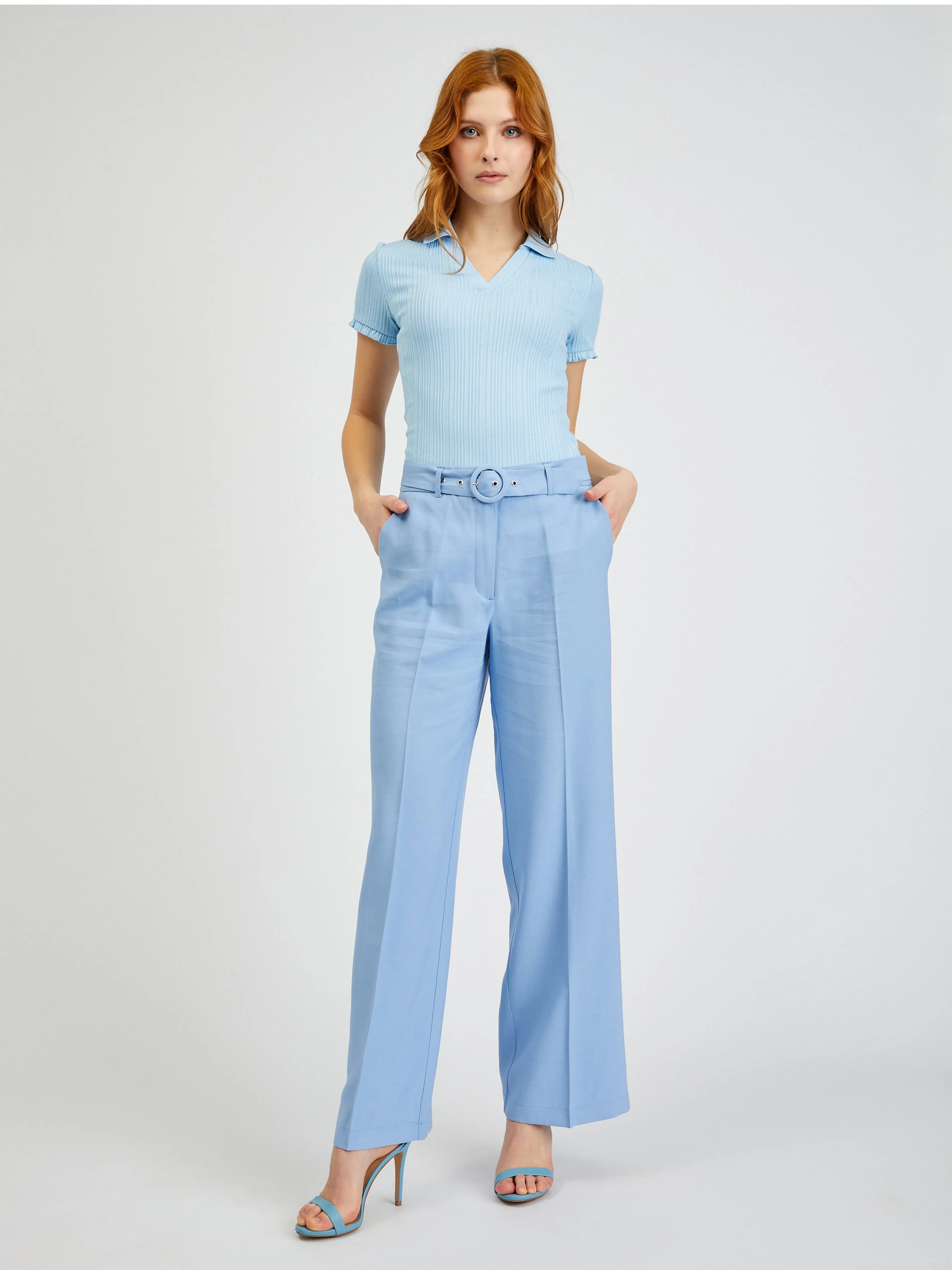 Hellblaues Damen-Ripp-Poloshirt ORSAY