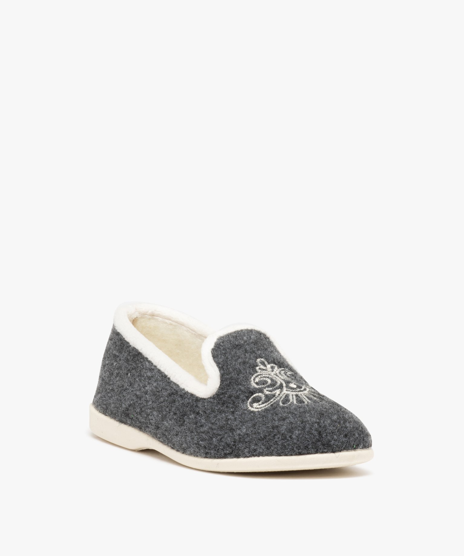 Chaussons femme pantoufles confort en feutrine brodée gris | GEMO