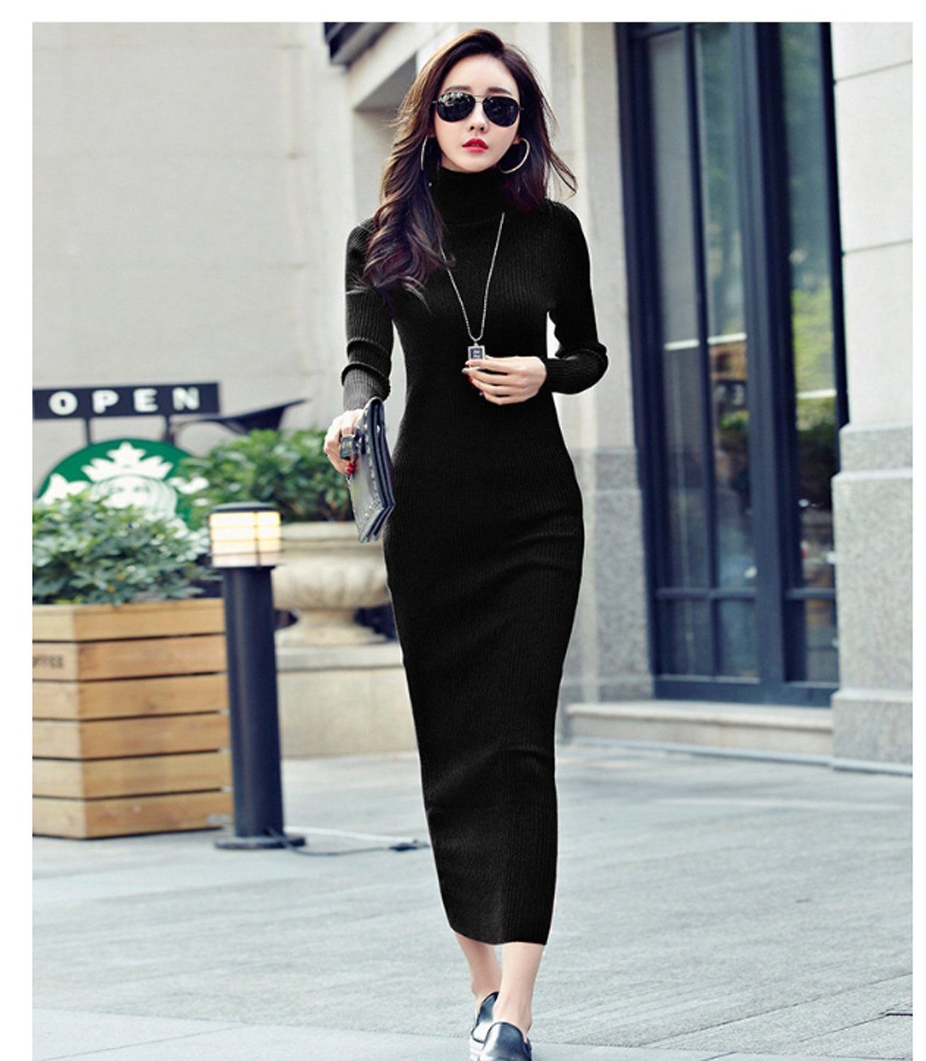 aikidio Stillkleid Einfarbiges, schlankes, sexy Langarm-Rollkragenkleid