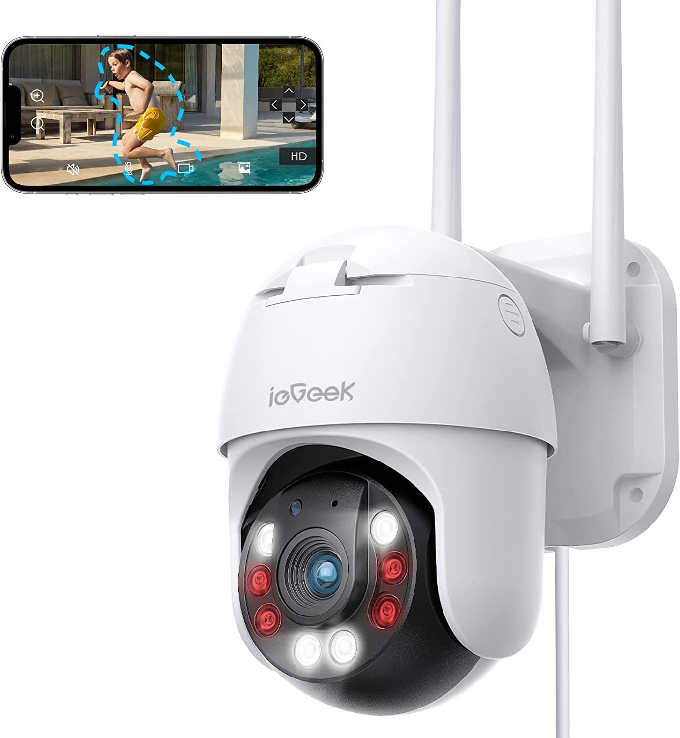 ieGeek Überwachungskamera 1080P FHD Aussen WLAN IP, Auto-Tracking Kamera Überwachungskamera (AuBenbereich, Outdoor, 3-Meter-Stromkabel, Multi-User und Geräte,Datenschutz Beschützen,Kompatibel mit Android/IOS,4x Zoom, Automatische Verfolgung,Farbnacht