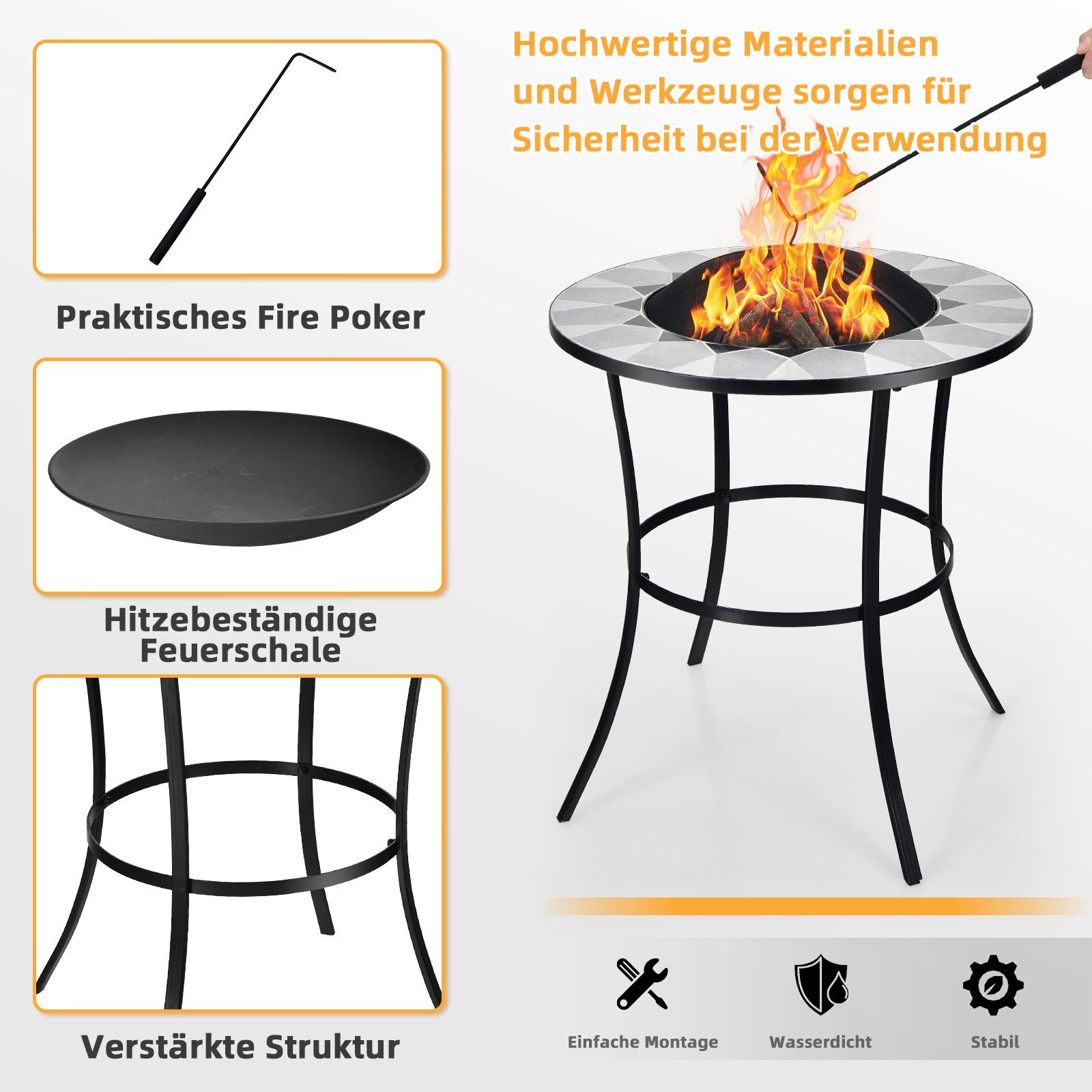 COSTWAY Feuerschale Feuerstelle, Feuertisch, mit Deckel & Feuerschürhaken