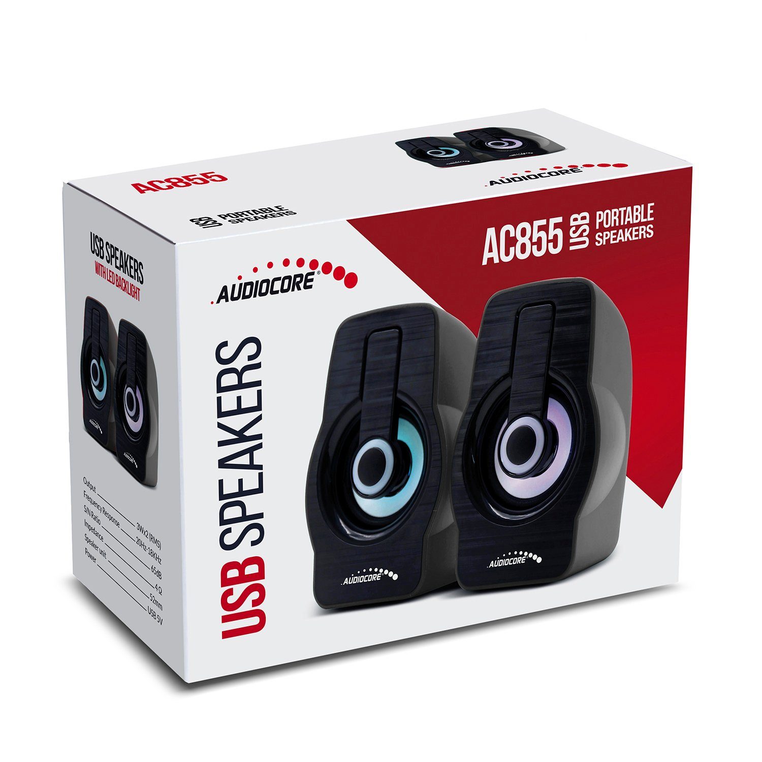 Audiocore AC855 Lautsprecher (mit LED-Beleuchung, AUX 3,5mm Klinkenstecker, USB-Stromversorgung)