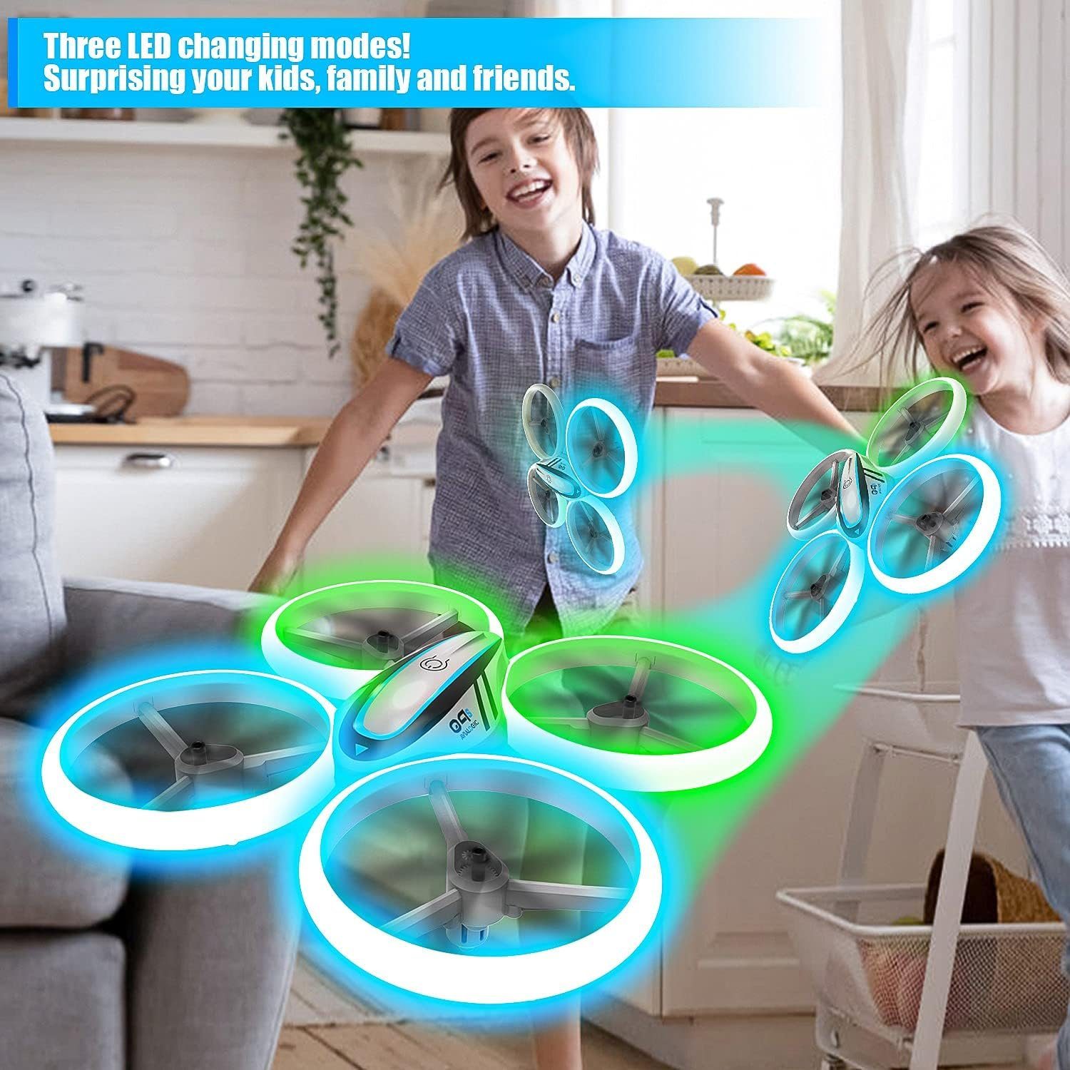 AVIALOGIC Drohne (Kinderdrohne mit Höhenhalt, Kopflosmodus, Blau & Grünlicht, 2 Akkus)
