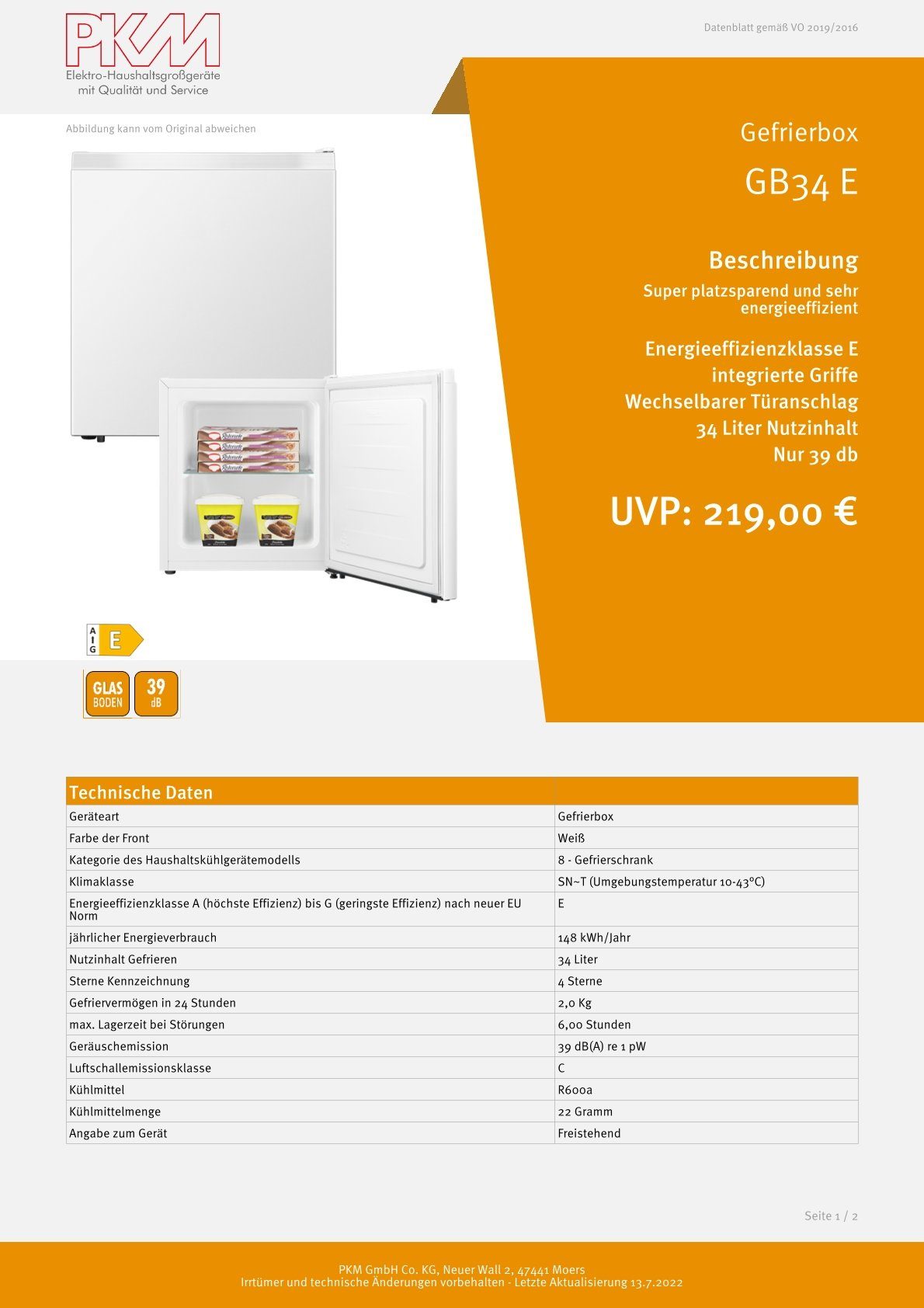 PKM Gefriertruhe GB34 E, 34 l, 34 Liter Nutzinhalt, 39 dB, Energieeffizienzklasse E