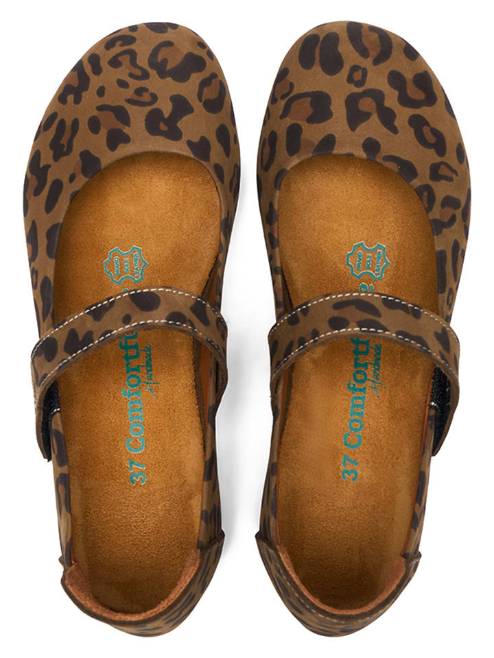 Comfortfusse Leder-Spangenballerinas in Hellbraun/ Schwarz günstig kaufen