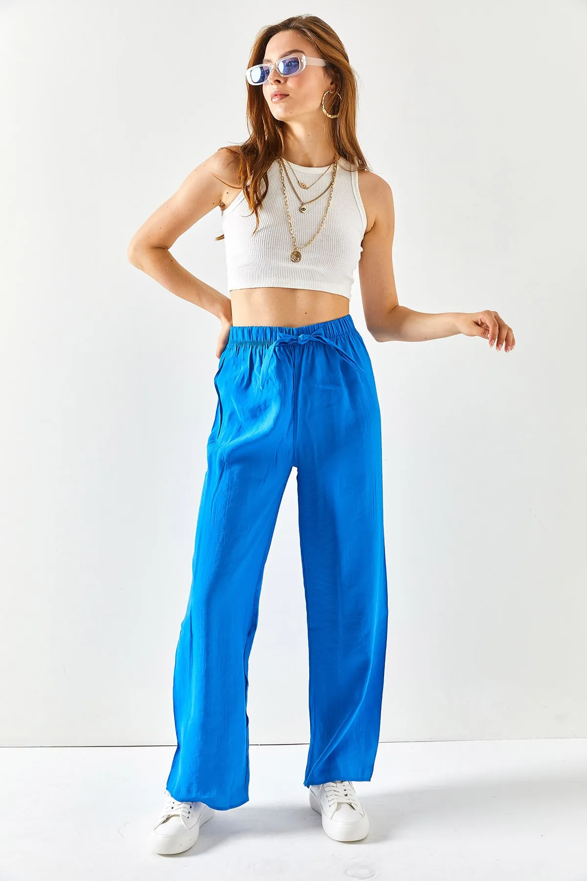 Olalook  Damen-Palazzo-Ayrobin-Hose mit Gürtel und elastischem Bund von Saks in Blau, PNT-19000200