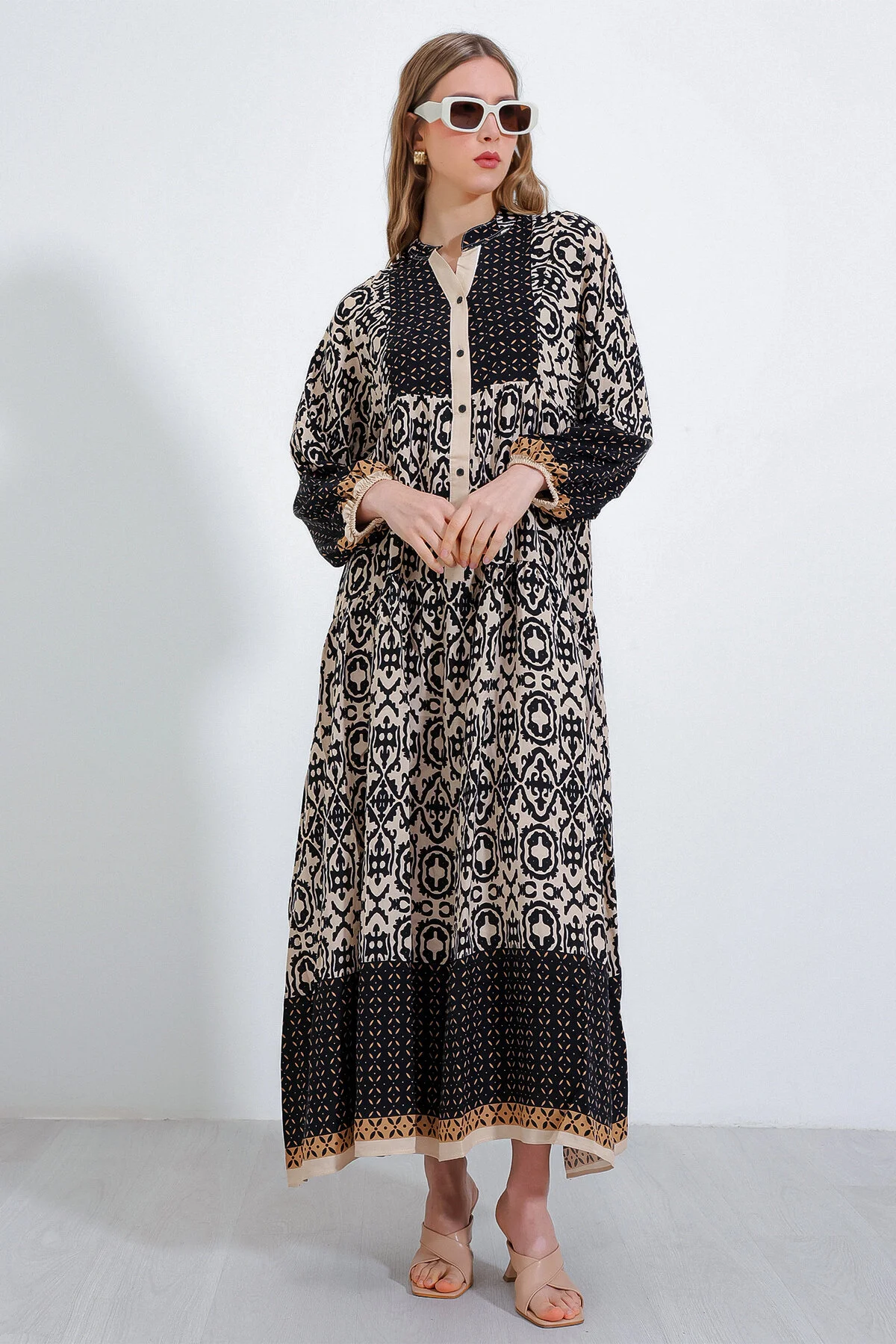 Bigdart  Schwarzes, cremefarbenes gemustertes Viskose-Hijab-Kleid für Damen 2423