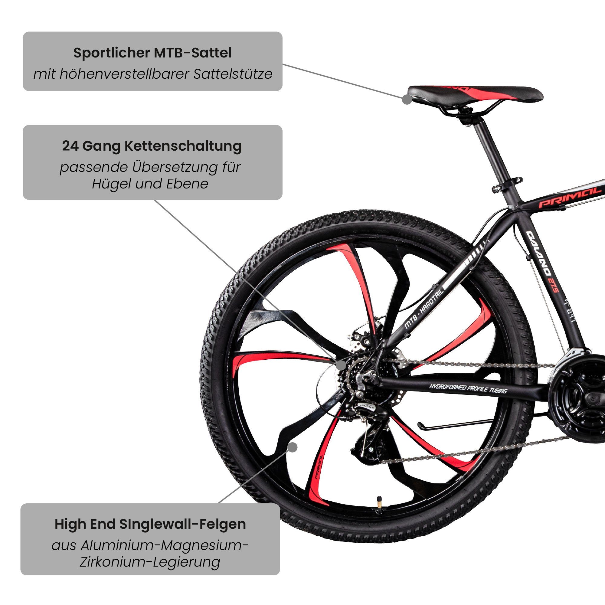 Galano Mountainbike Primal, 24 Gang, Kettenschaltung, Mountainbike Jugendliche und Erwachsene 165-185cm MTB Hardtail Fahrrad
