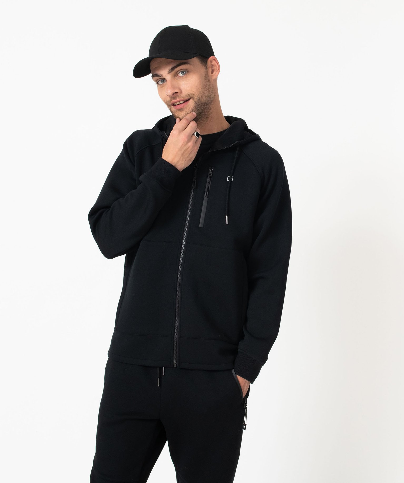 Sweat zippé à capuche en maille extensible homme noir | GEMO