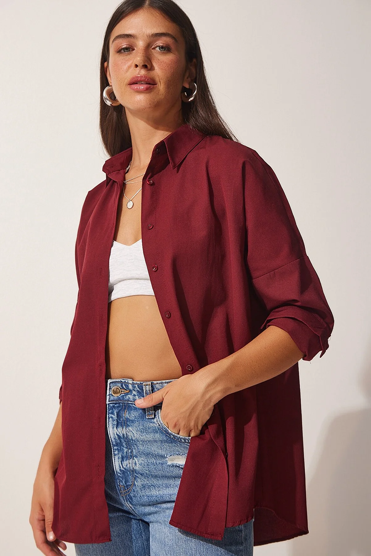 Happiness İstanbul  Burgunderrotes, langes Basic-Shirt für Damen in Übergröße DD00842