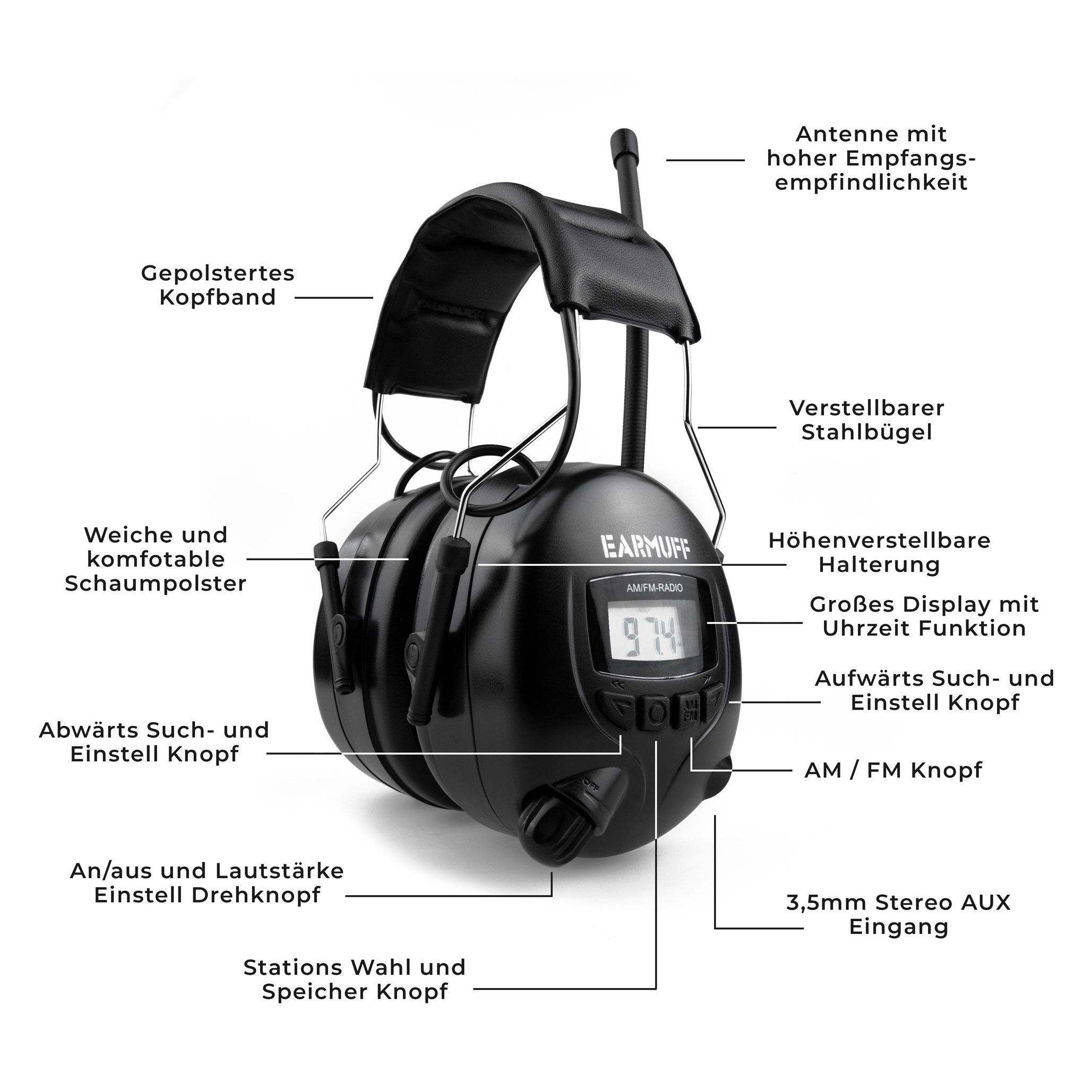 EARMUFF Kapselgehörschutz EARMUFF 31dB AM/FM/AUX - Black