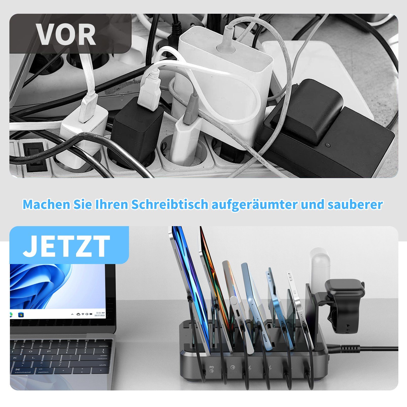 JOEAIS Handy-Dockingstation Ladestation Mehrere Geräte Multi Desktop Ladestation Aufladestation, (Ladegerät USB C Handy Ladestation Mehrfach Ladebox mit 6 USB Ports 68W), Mobiltelefon Tablet Tablet Kopfhörer MP4 und andere USB-fähige Geräte