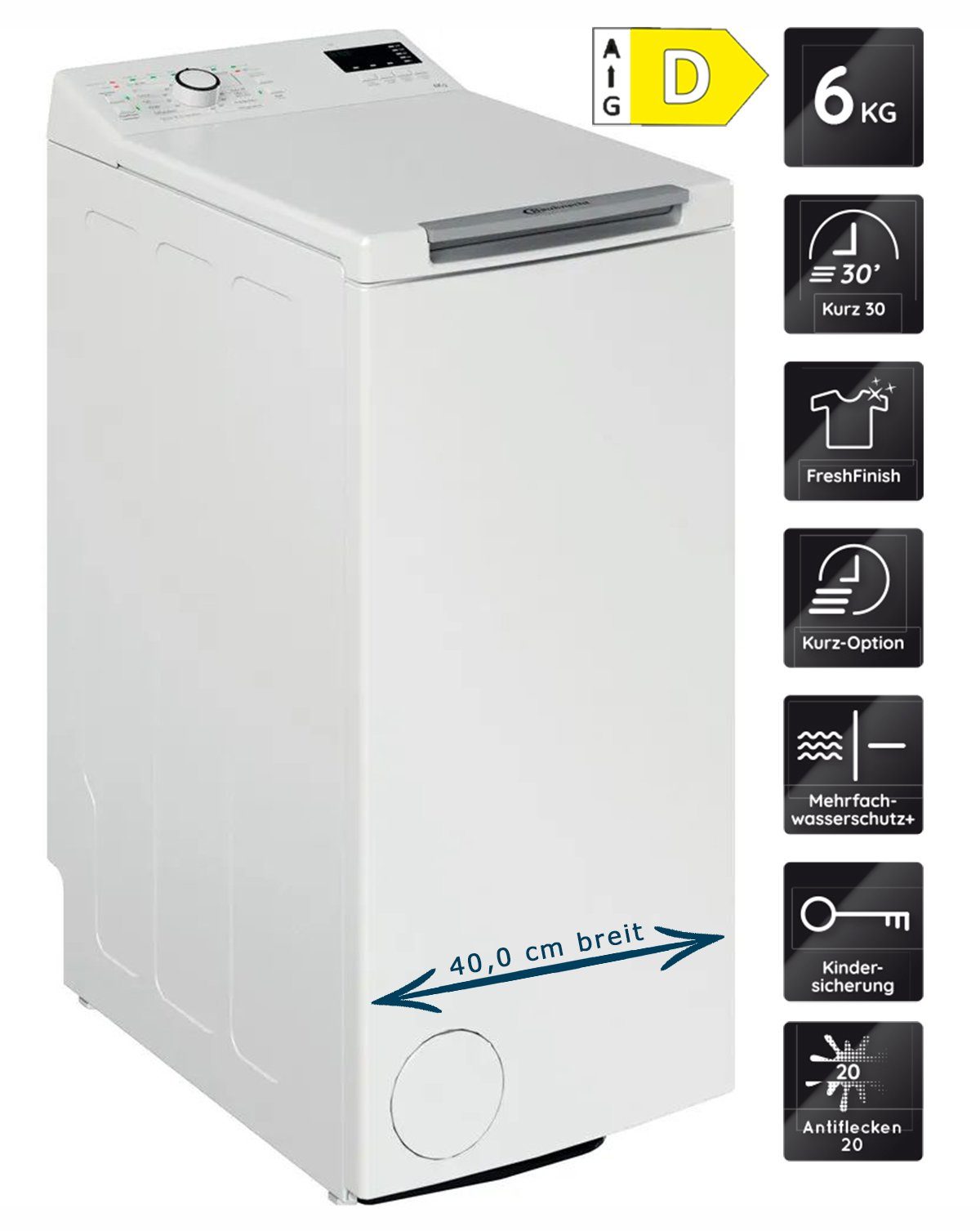 BAUKNECHT Waschmaschine Toplader WAT Eco 612 N, 6 kg, 1200 U/min, Antiflecken, Fresh-Finish, Kurz-Taste