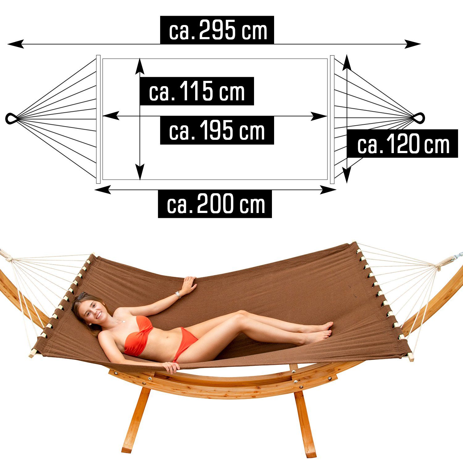 AMANKA Hängematte XXL Hängematte mit Gestell Hängemattengestell, Holz mit Stabhängematte 325cm