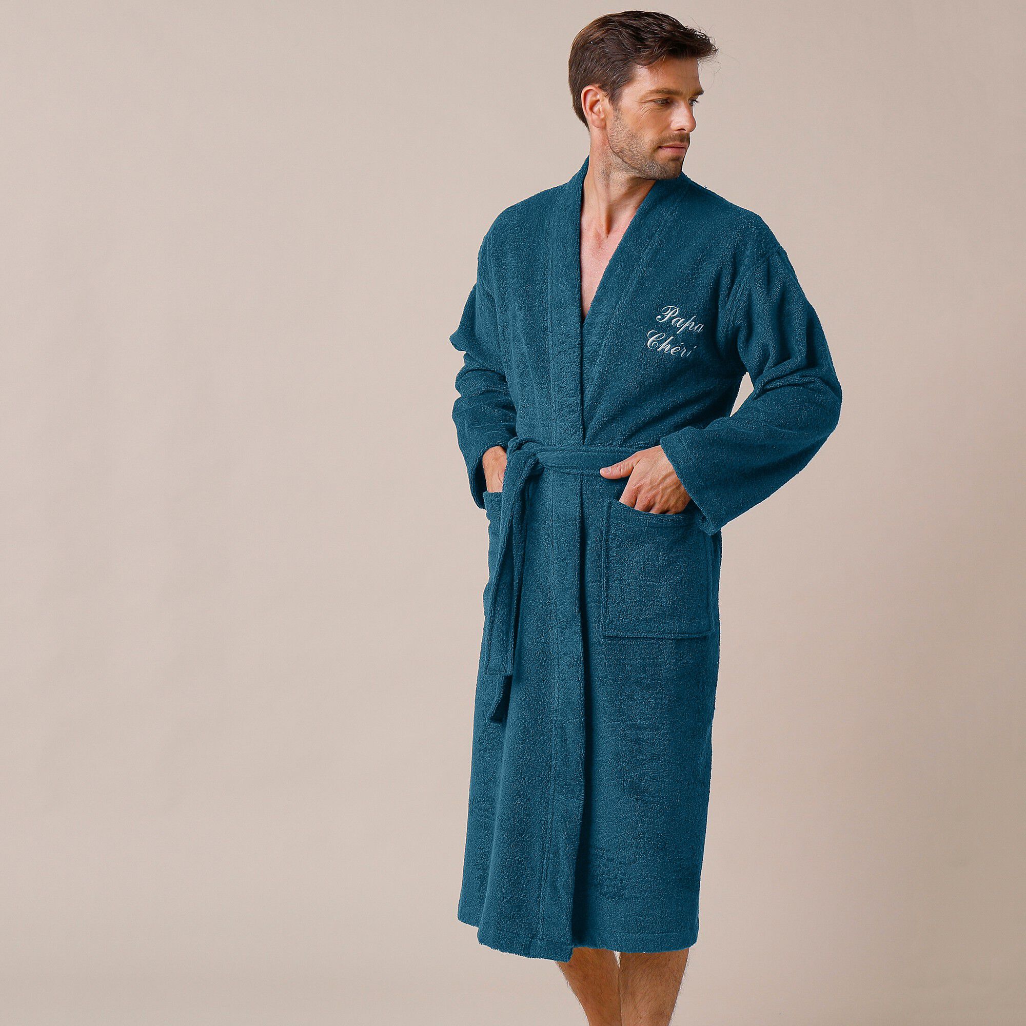 Peignoir mixte adulte uni coton éponge bouclette col kimono personnalisé