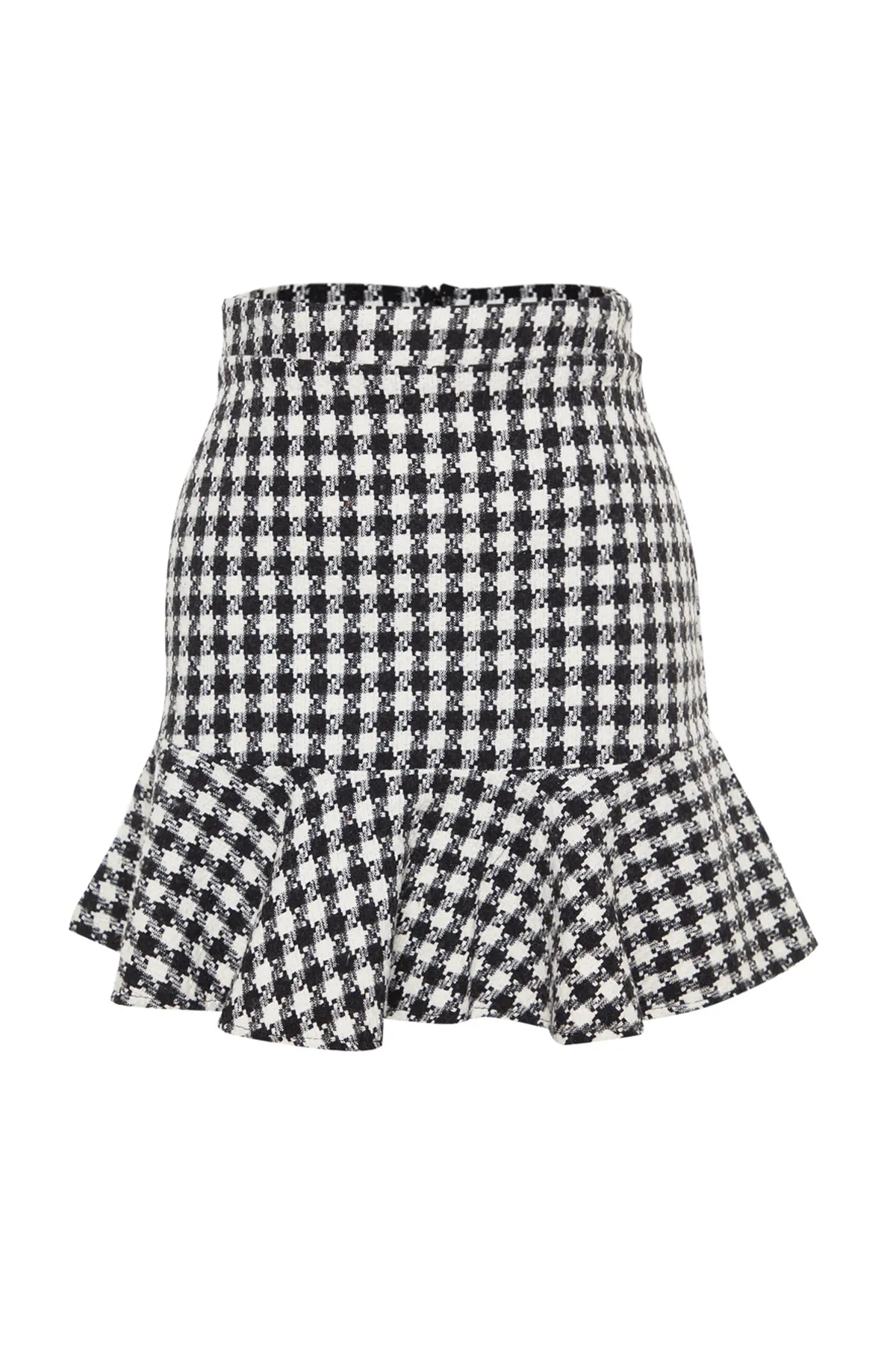 Trendyol Collection  Schwarzer Mini-Webrock mit Hahnentrittmuster und Volantsaum TWOAW20ET0429