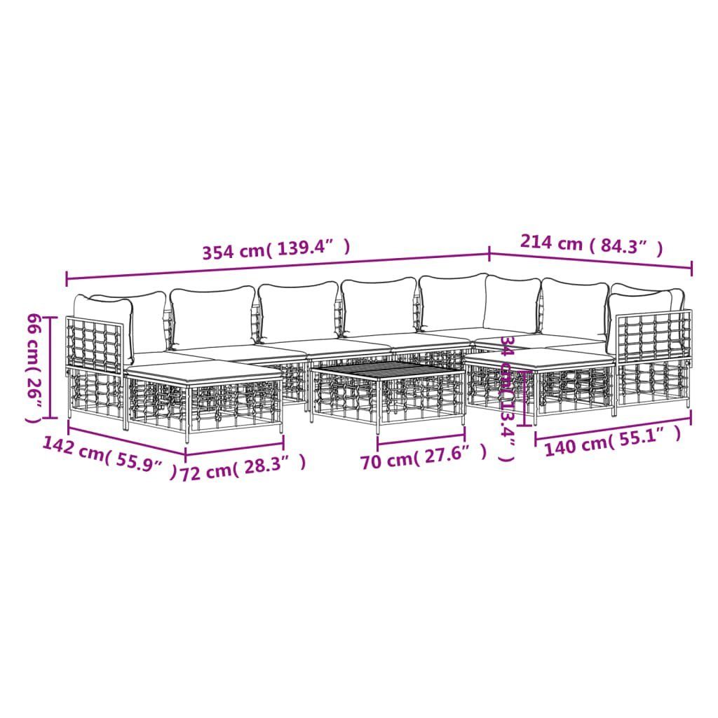 vidaXL Loungesofa 10-tlg. Garten-Lounge-Set mit Kissen Anthrazit Poly Rattan, 10 Teile