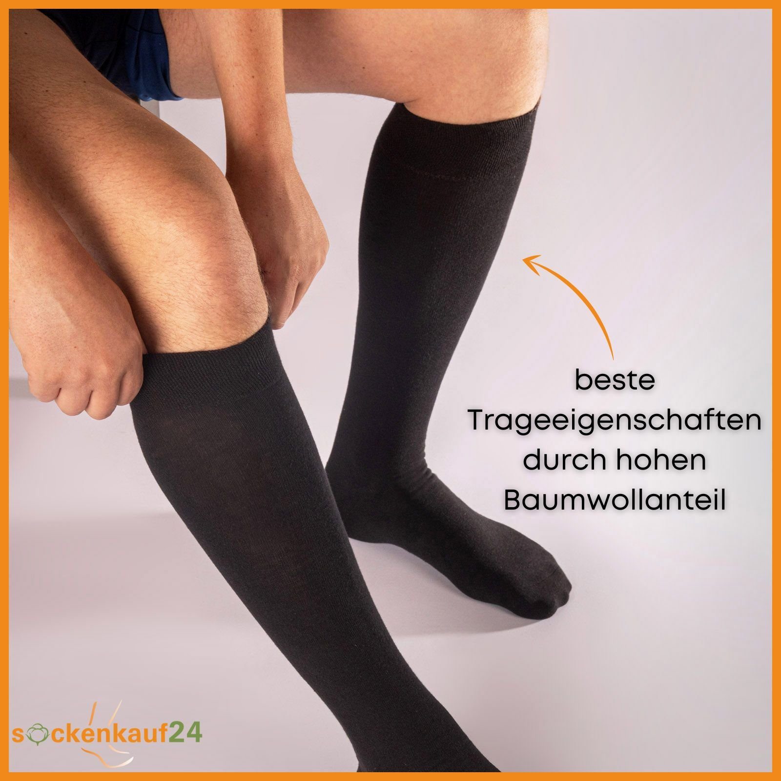 sockenkauf24 Kniestrümpfe 4 oder 8 Paar Damen & Herren Strümpfe (Schwarz, 4-Paar, 39-42) Baumwolle mit Komfortbund ohne Naht - 22105 WP