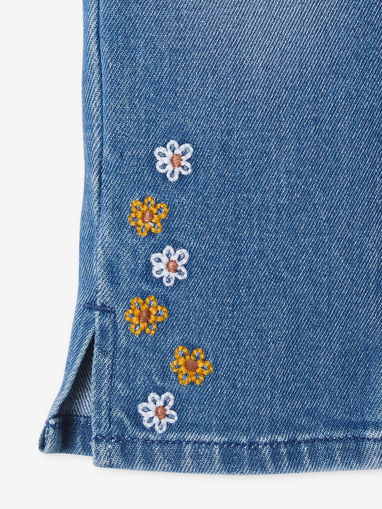 Pantacourt denim brodé fleurs fille stone