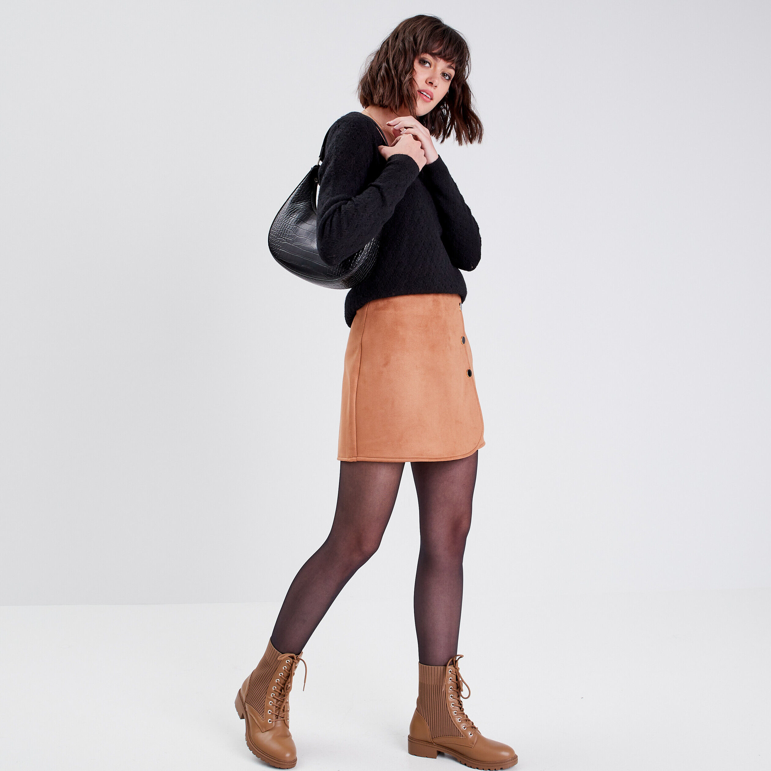 Jupe-short droite suédine marron clair femme | Cache Cache