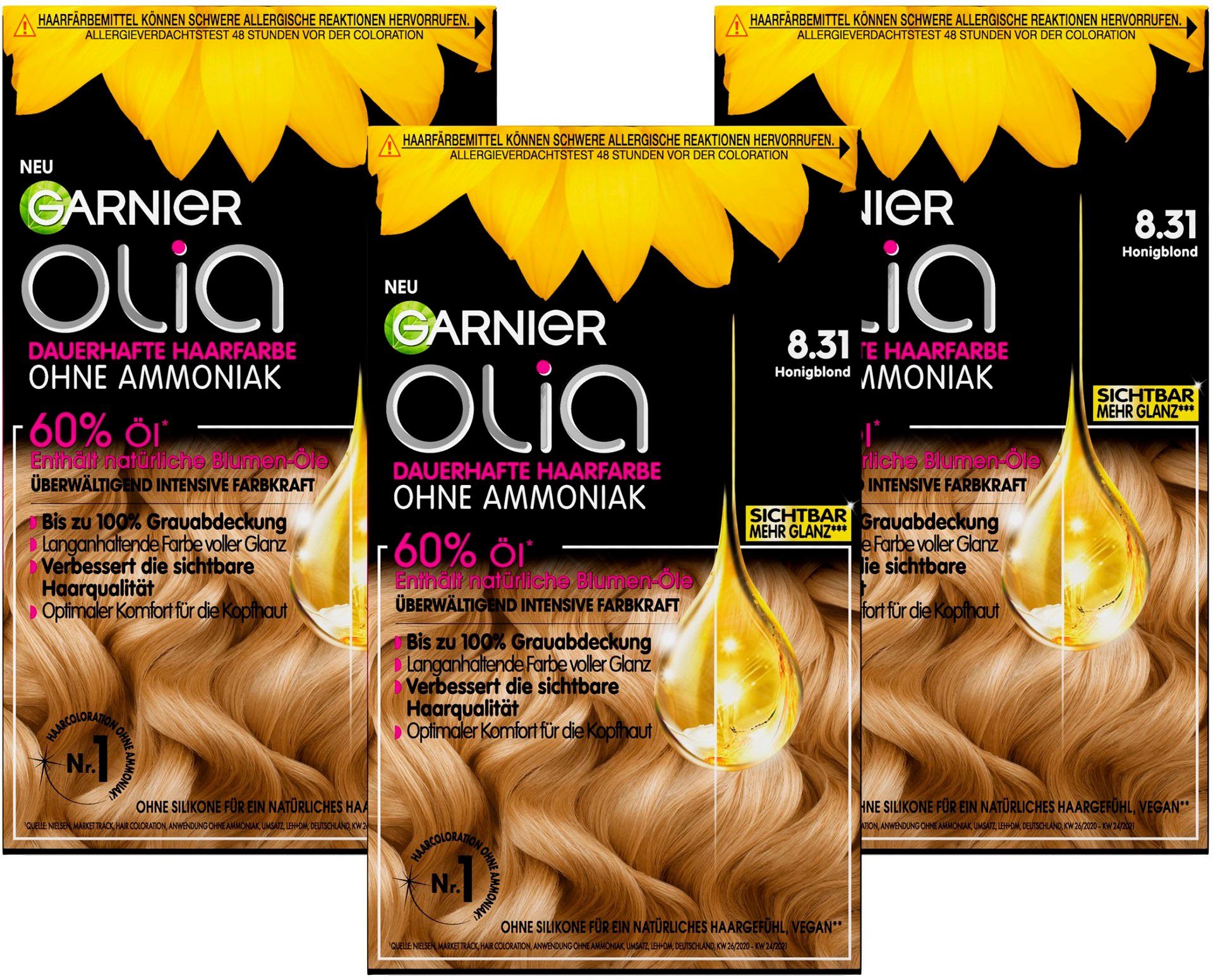 GARNIER Coloration Garnier Olia dauerhafte Haarfarbe, Set, 3-tlg., 8.31 Honigblond