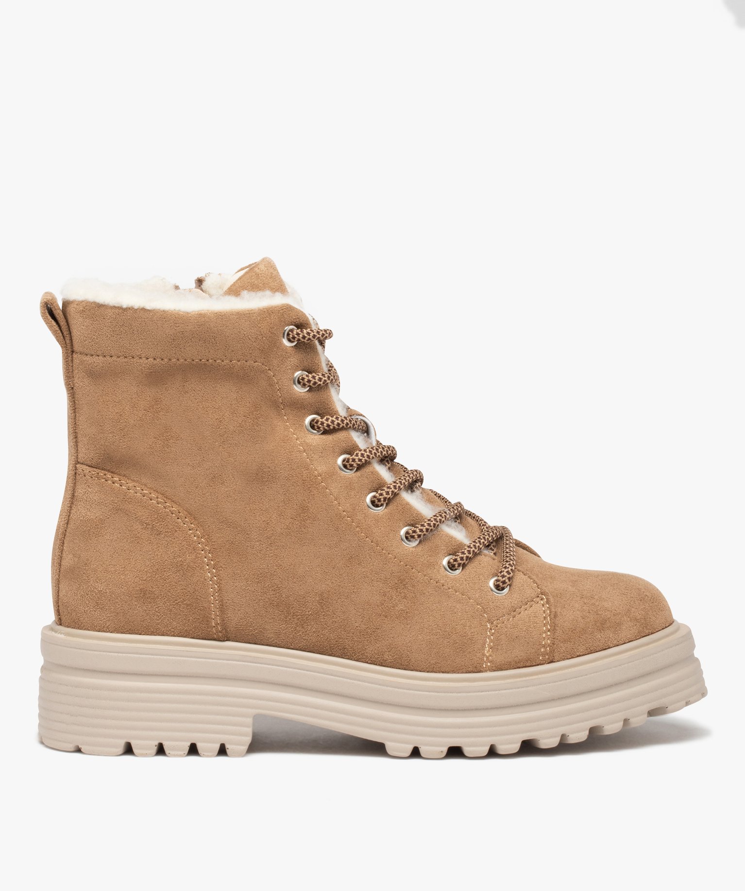 Boots fourrées femme crantées dessus suédine unie beige | GEMO