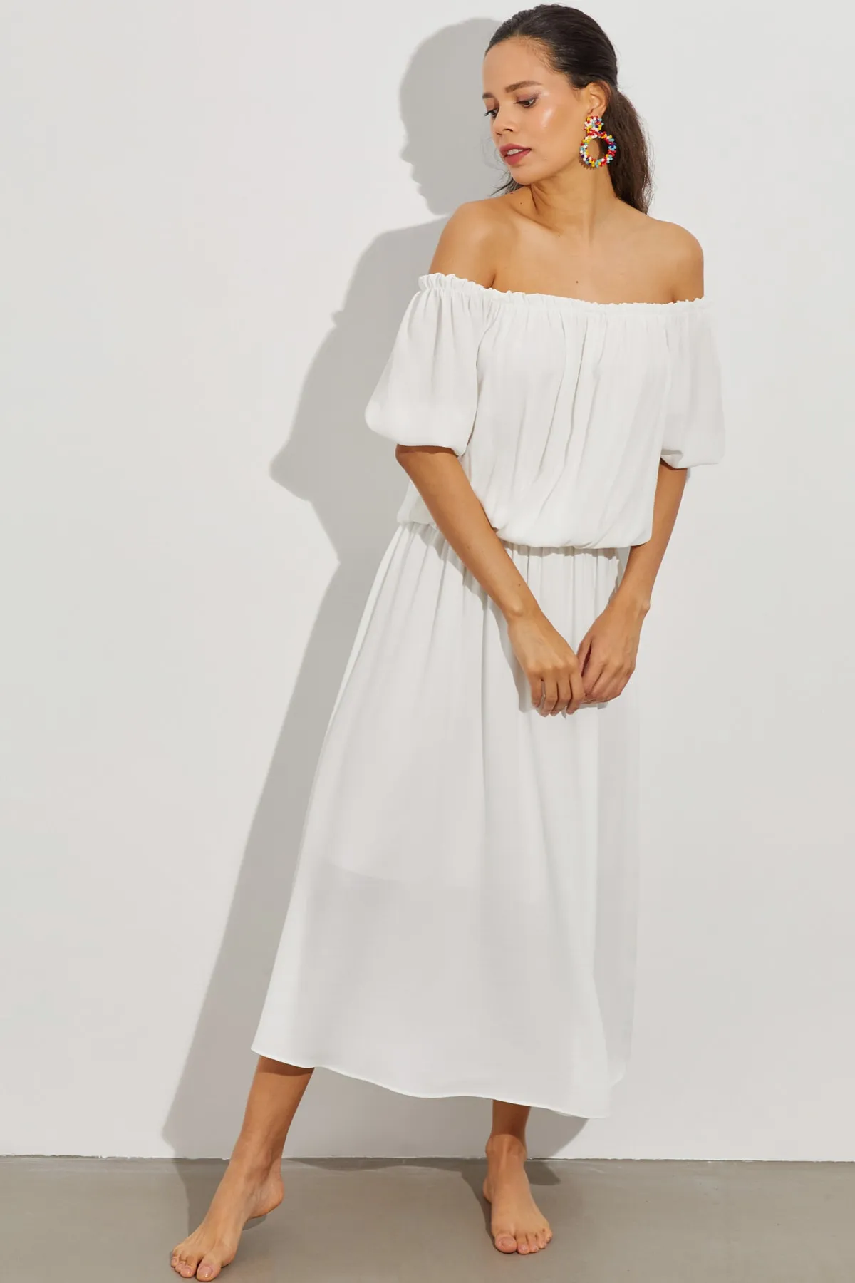 Cool & Sexy  Weißes, gefüttertes Midikleid mit Madonna-Kragen für Damen BK261062