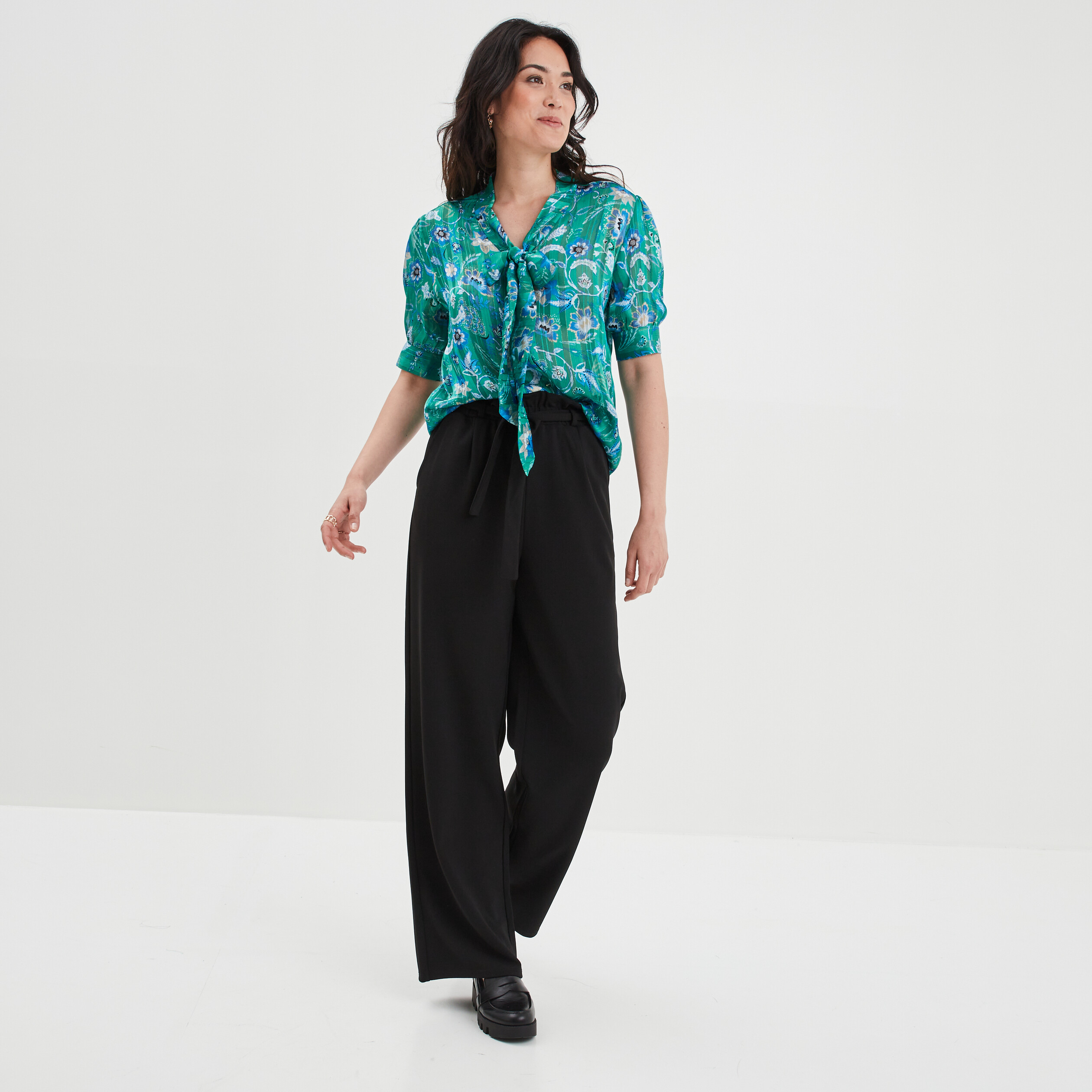 Blouse col lavalière manches courtes vert femme | La Halle