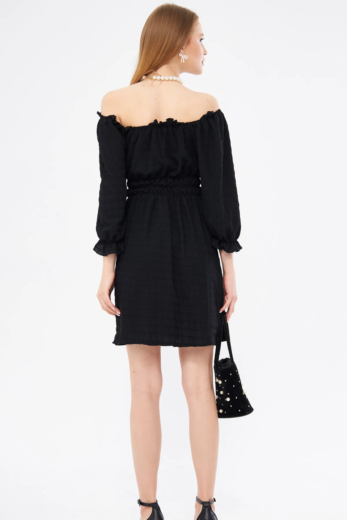 armonika  Schwarzes Wickelkleid mit Madonna-Ausschnitt und elastischer Taille für Damen