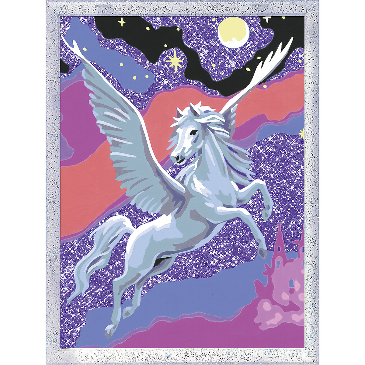 Malen nach Zahlen, 18x24 cm, mit farbigen Motivlinien & Glittereffekt, Stolzer Pegasus