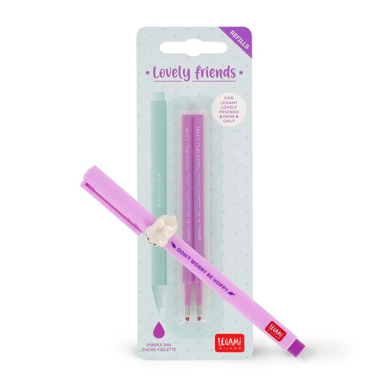 Precioso set de bolígrafos con forma de conejito y recambio violeta.