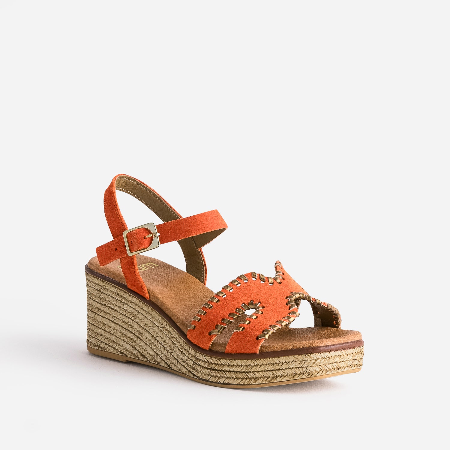 Sandale compensée orange cuir velours tressé doré