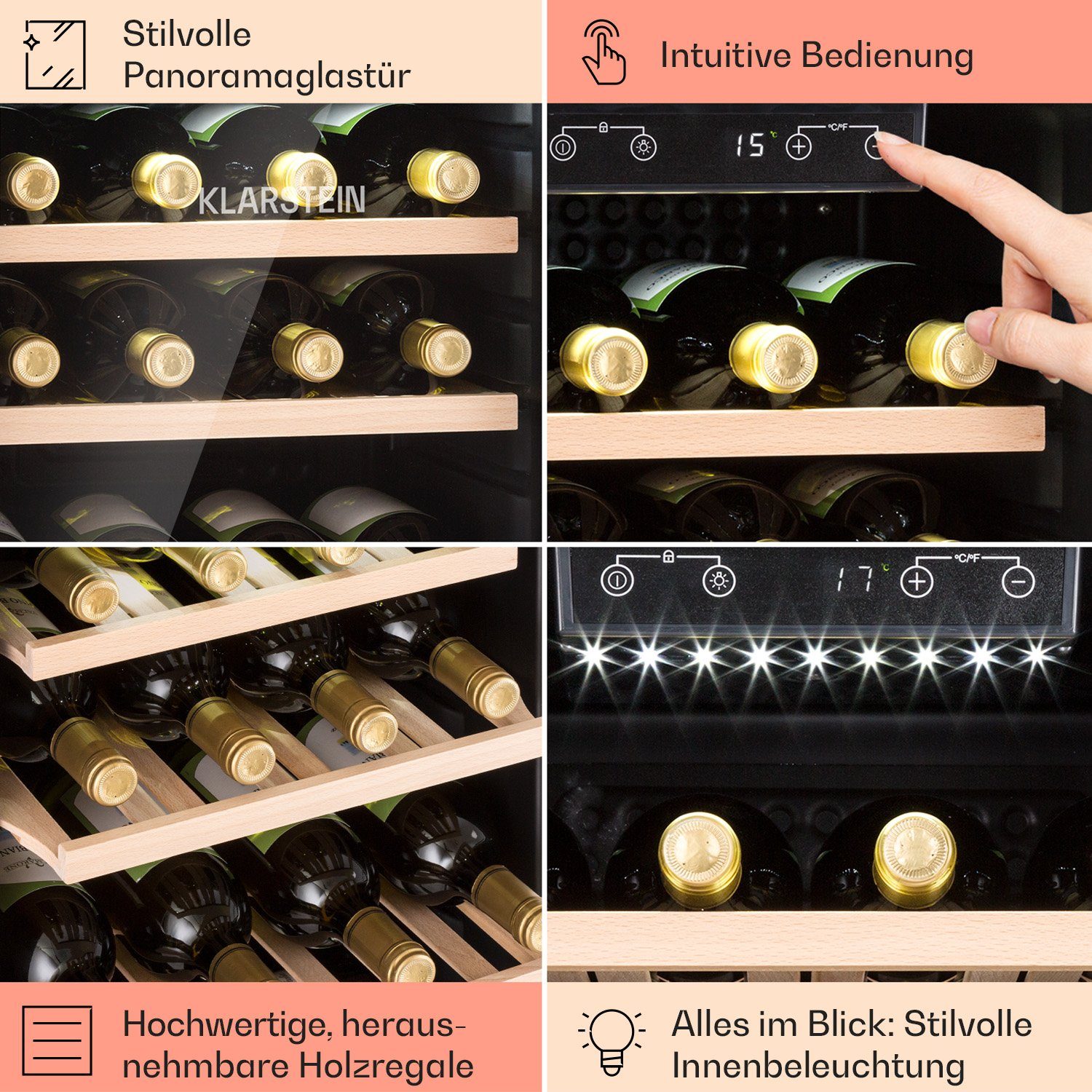 Klarstein Weinkühlschrank Vinetage 49 Uno, für 49 Standardflaschen á 0,75l,Flaschenkühlschrank Weintemperierschrank Weinschrank Kühlschrank Retro