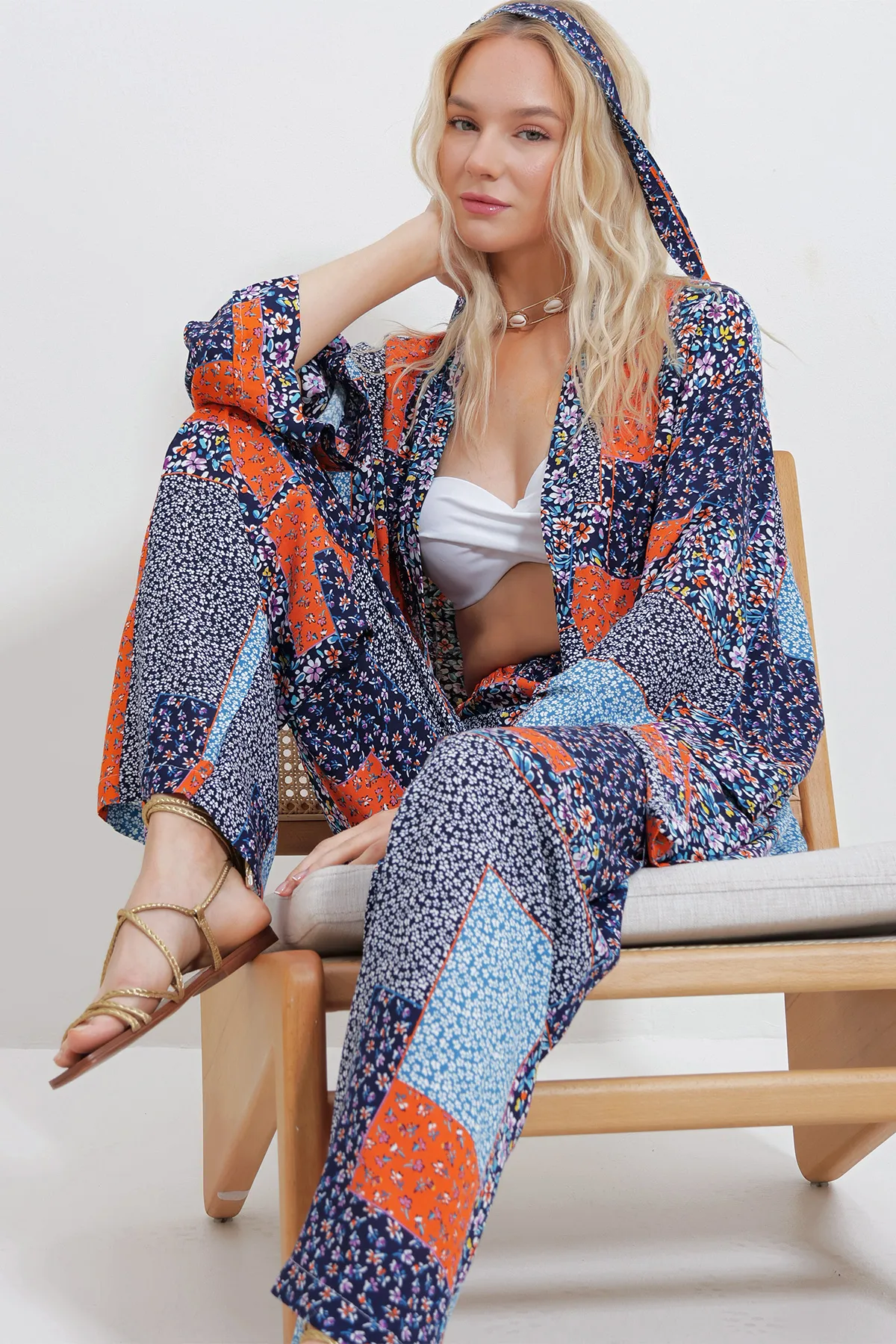 Trend Alaçatı Stili  Marineblau-Orangefarbenes Kimono-Jacken- und Palazzo-Hosen-Set für Damen ALC-X11594