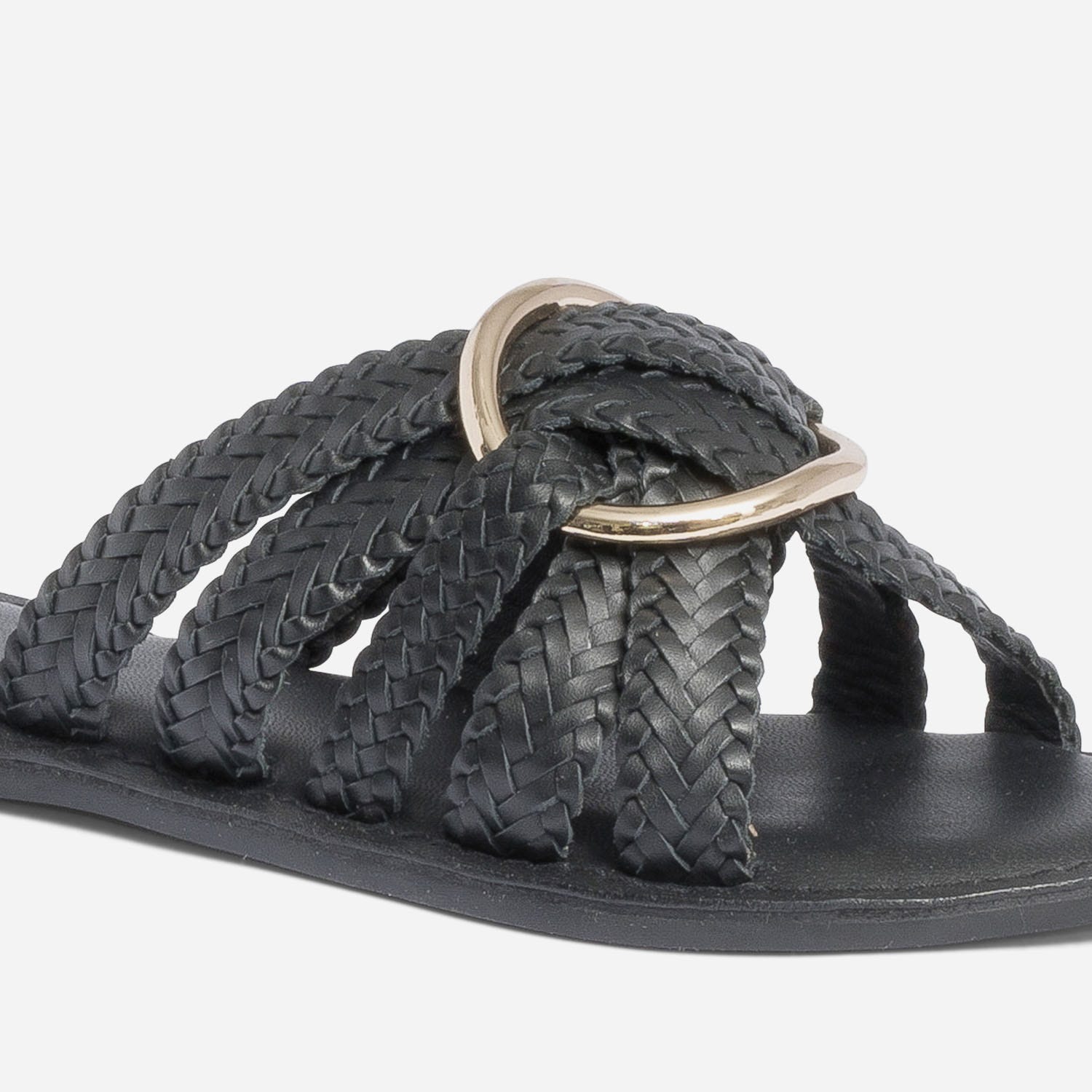 Mule noire en cuir tressé avec maxi anneau