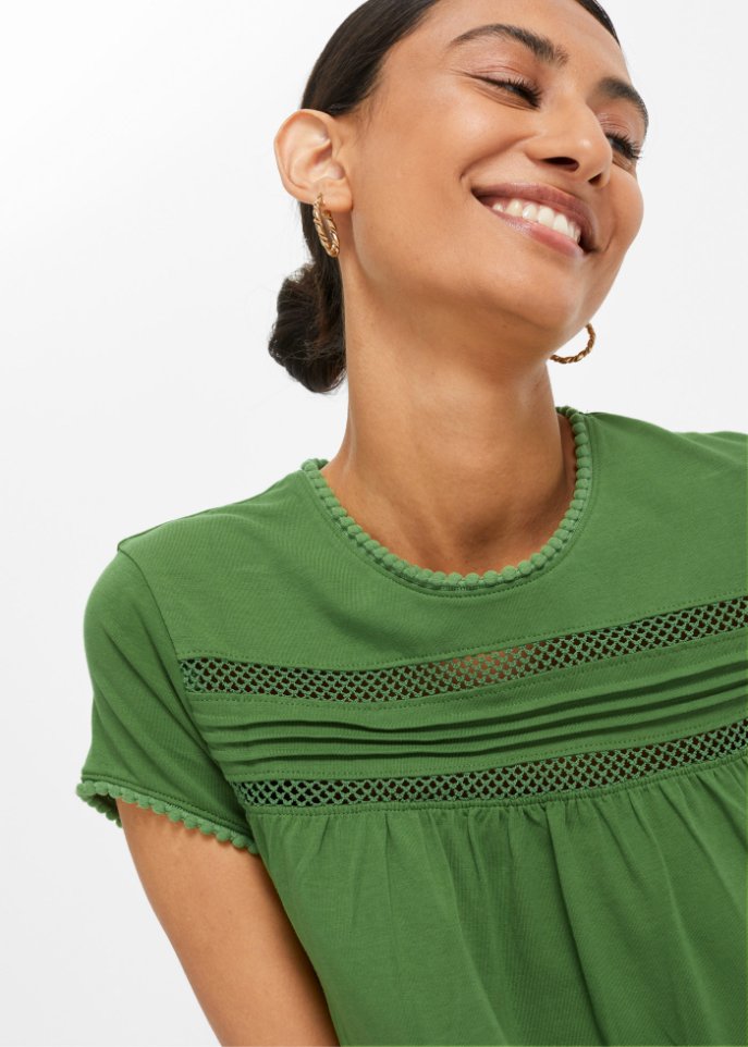 Baumwoll-Shirt mit Spitze in A-Line, kurzarm