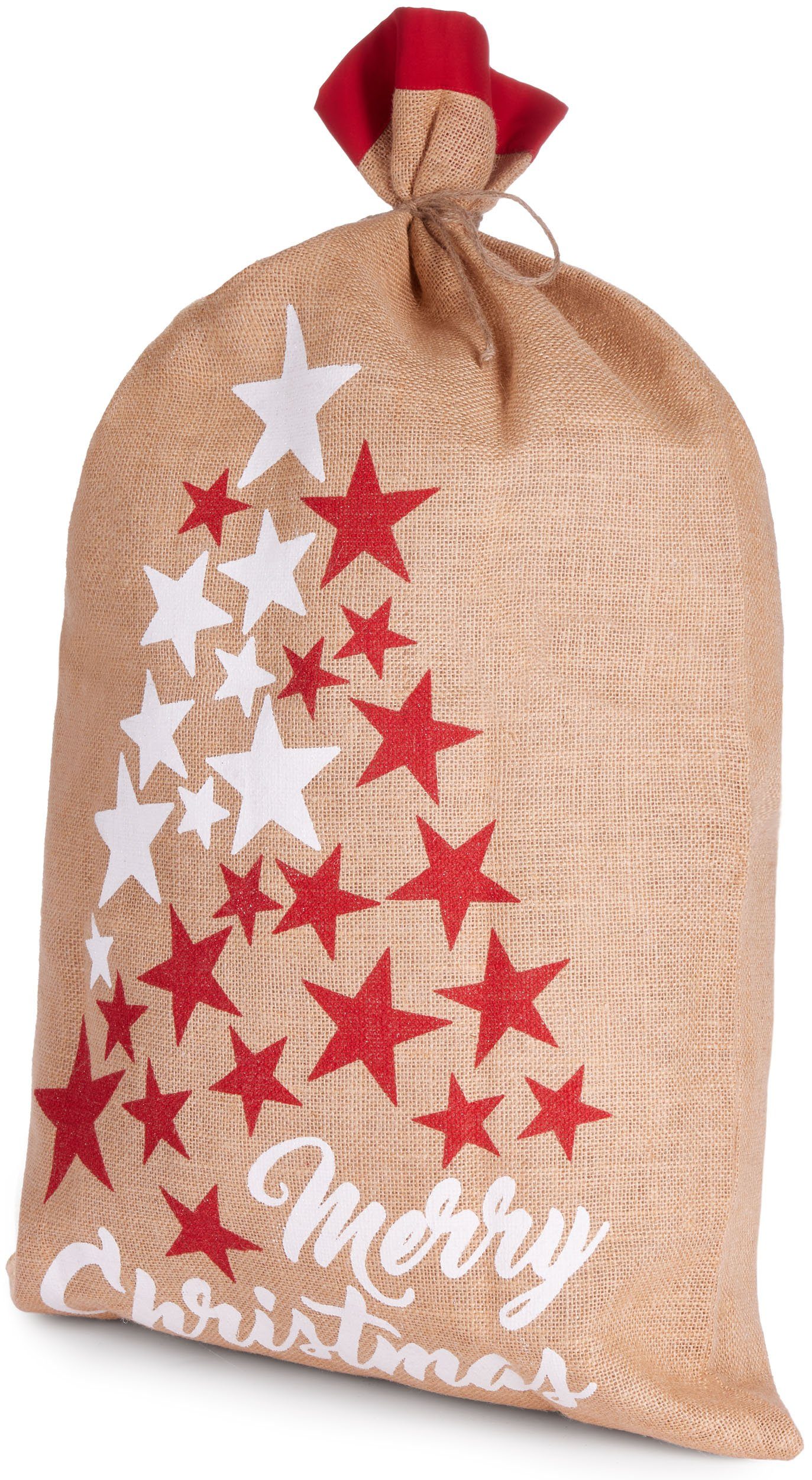 BRUBAKER Aufbewahrungstasche Weihnachtssack Sterne Weiß Rot - Merry Christmas - 80 cm Geschenksack (Weihnachten, 1-tlg., Jutesack), Nikolaussack Jutebeutel Sack mit Kordel zum Verpacken von Geschenken