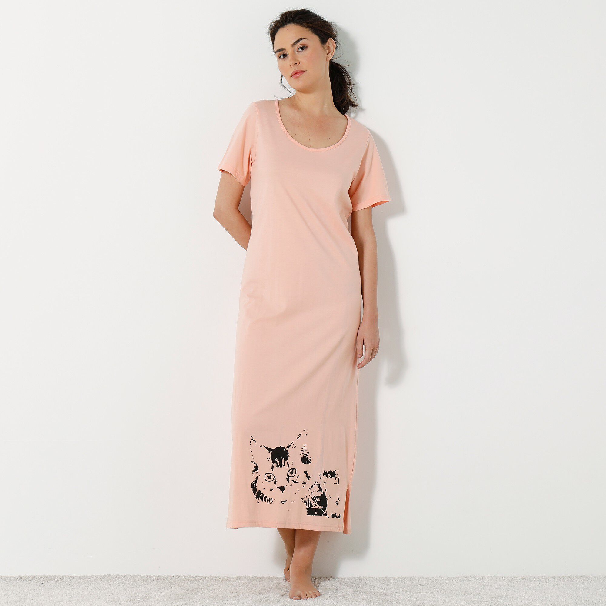 Chemise de nuit longue imprimé chat