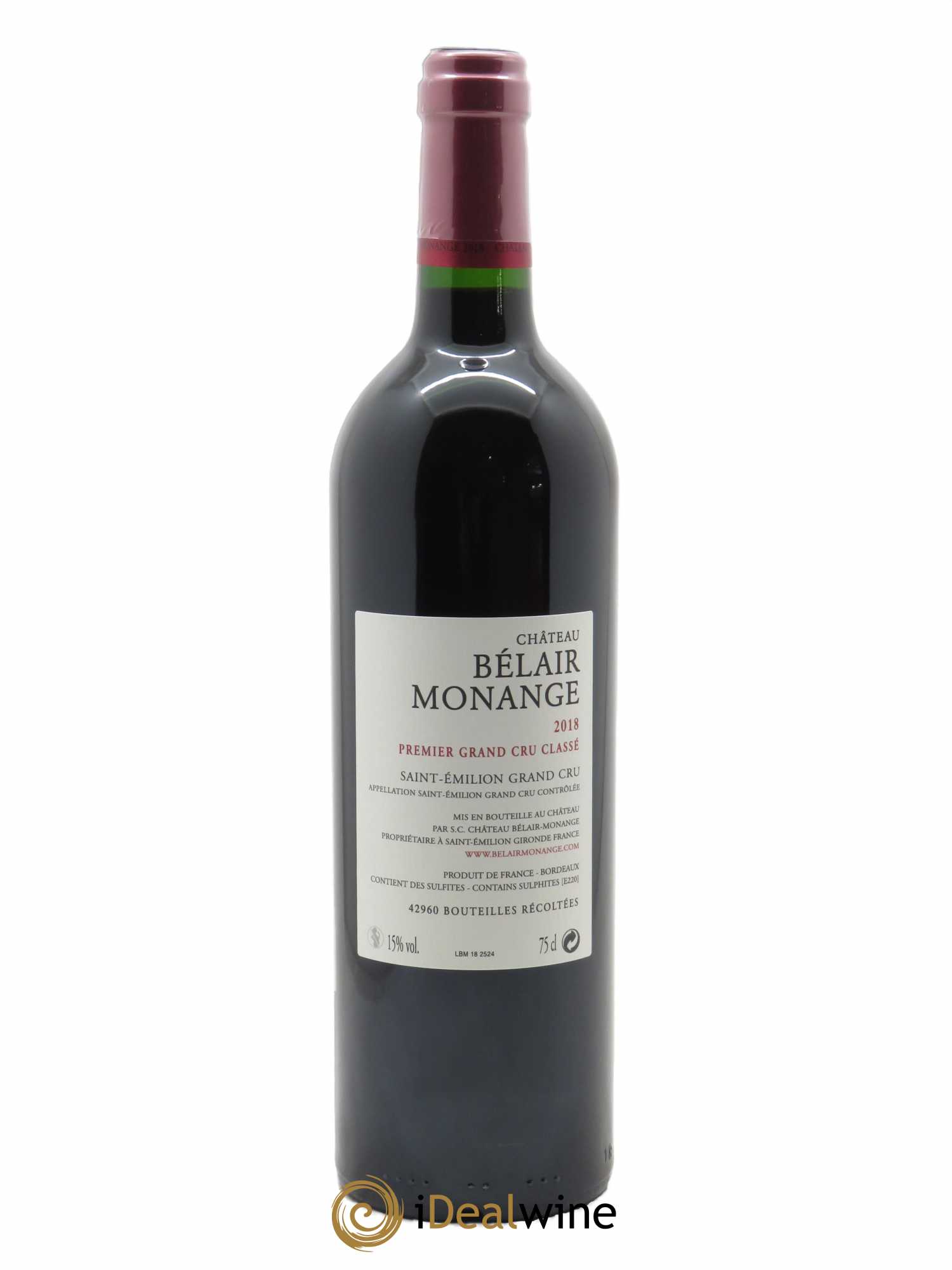 Château Belair (Belair-Monange) 1er Grand Cru Classé B (CBO à partir de 6 bts) 2018 - Lot de 1 Bouteille