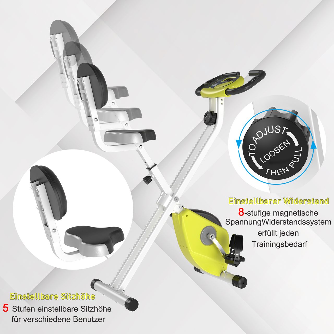 HOMCOM Heimtrainer Fahrradtrainer mit 8 stufig einstellbarem Magnetwiderstand Gelb Weiß 43 x 97 x 109 cm