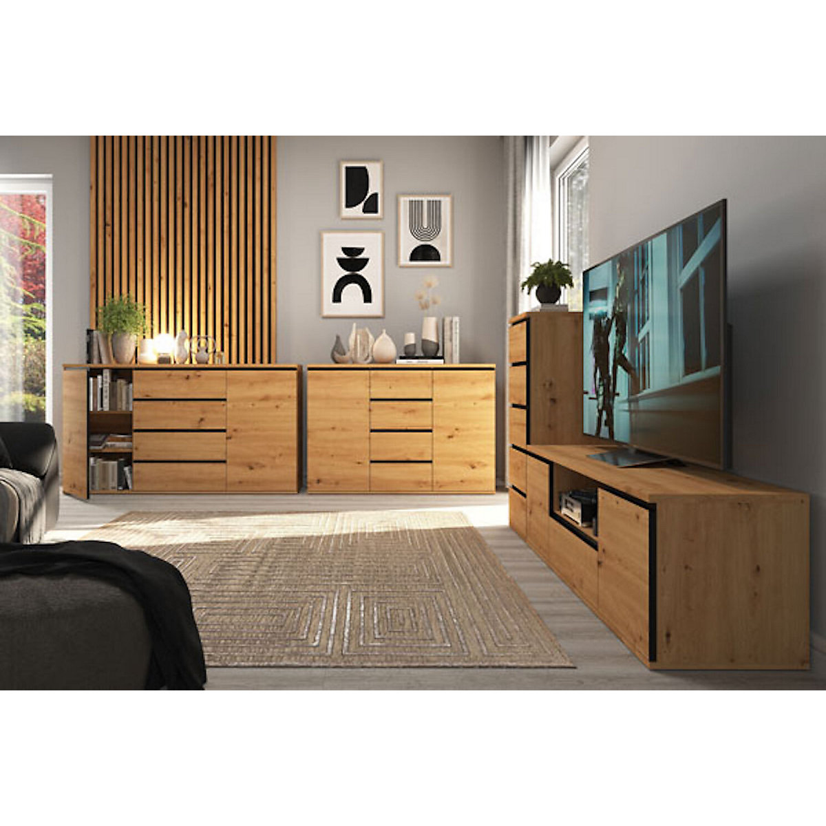 Kommode Naxos Sideboard 151x40x86cm grifflos 2-türig mit 4 Schubladen