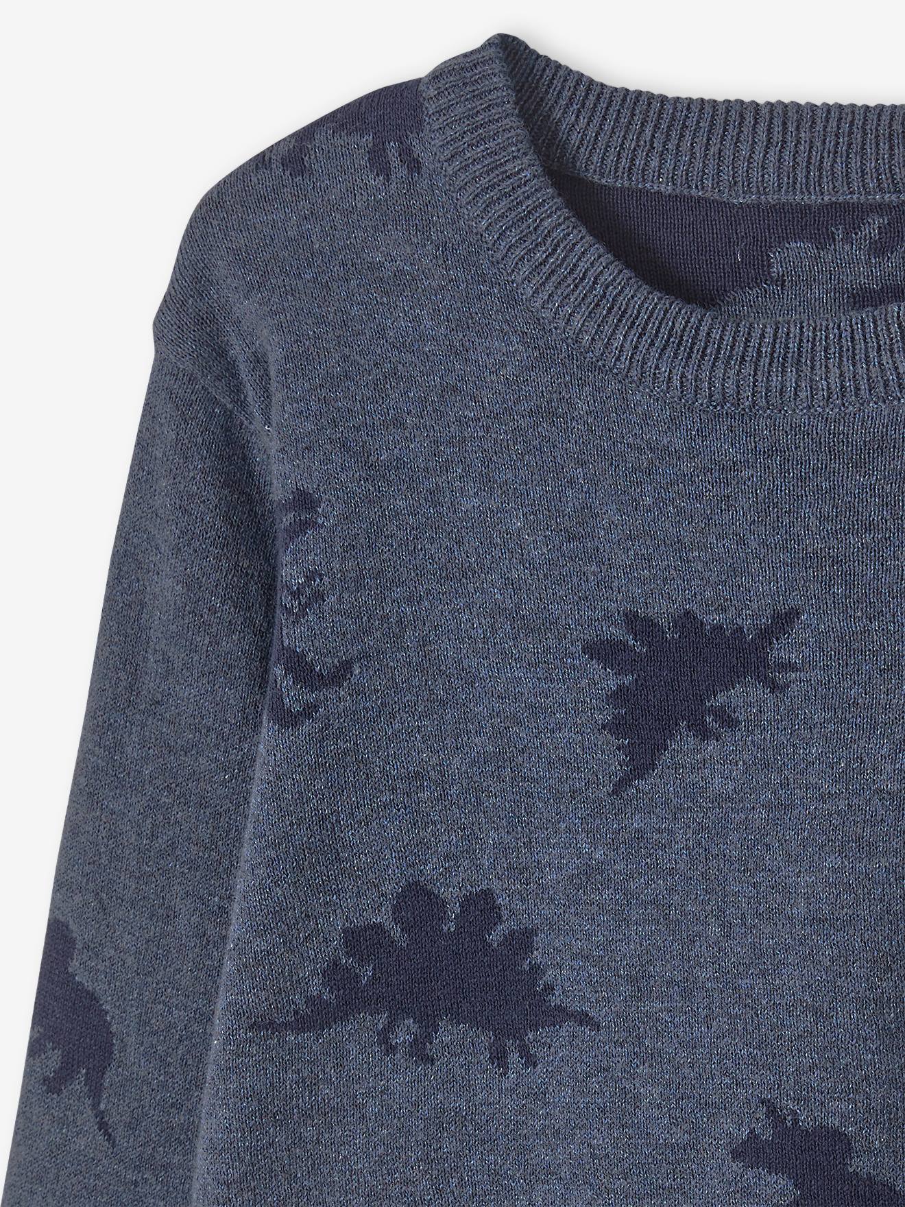 Pull jacquard motifs dinosaures garçon bleu chiné