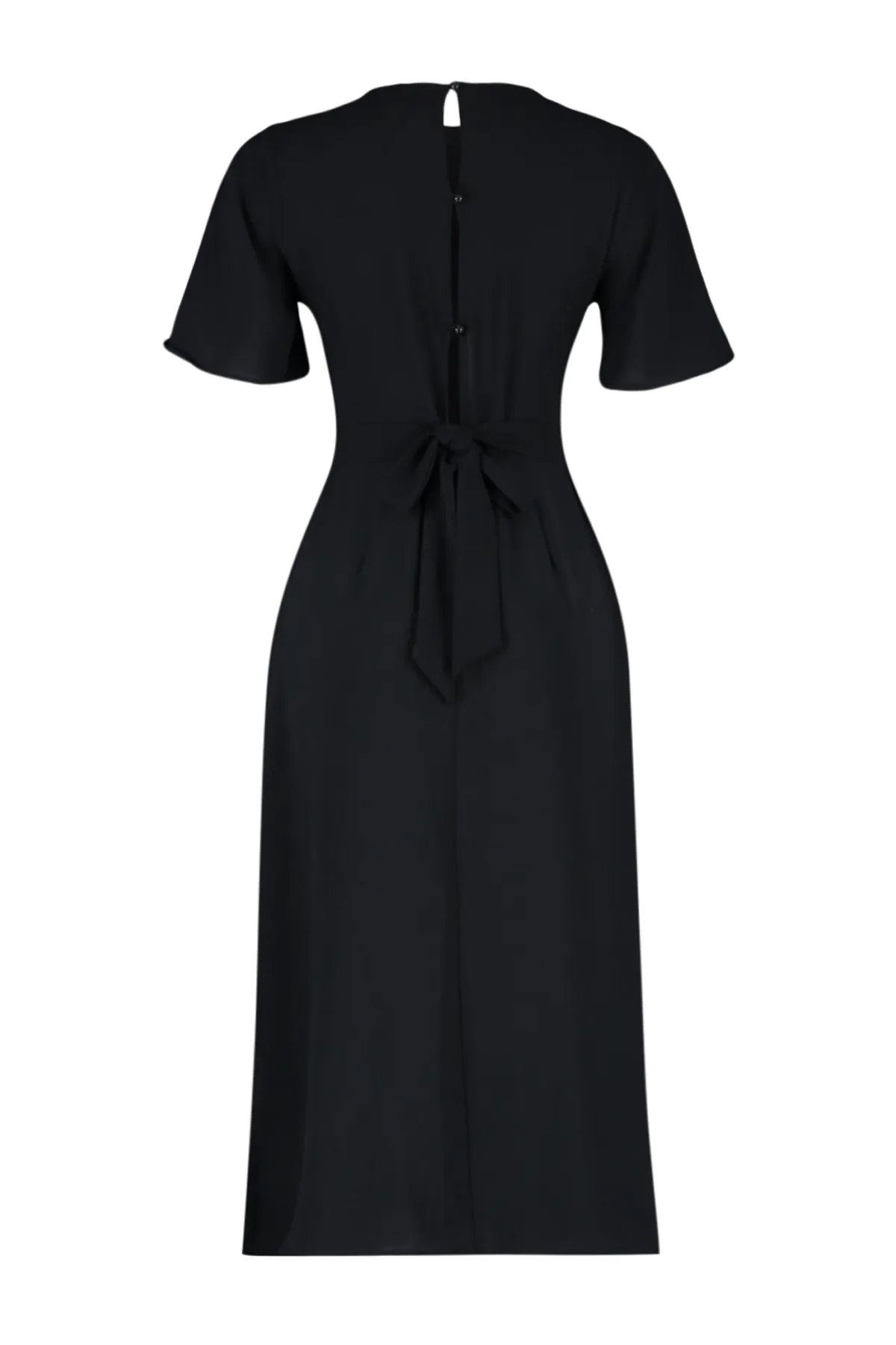 Trendyol Collection  Schwarzes A-Linien-Midikleid aus Webstoff mit Rundhalsausschnitt auf der Rückseite und Knopfdetail TWOSS24EL00738