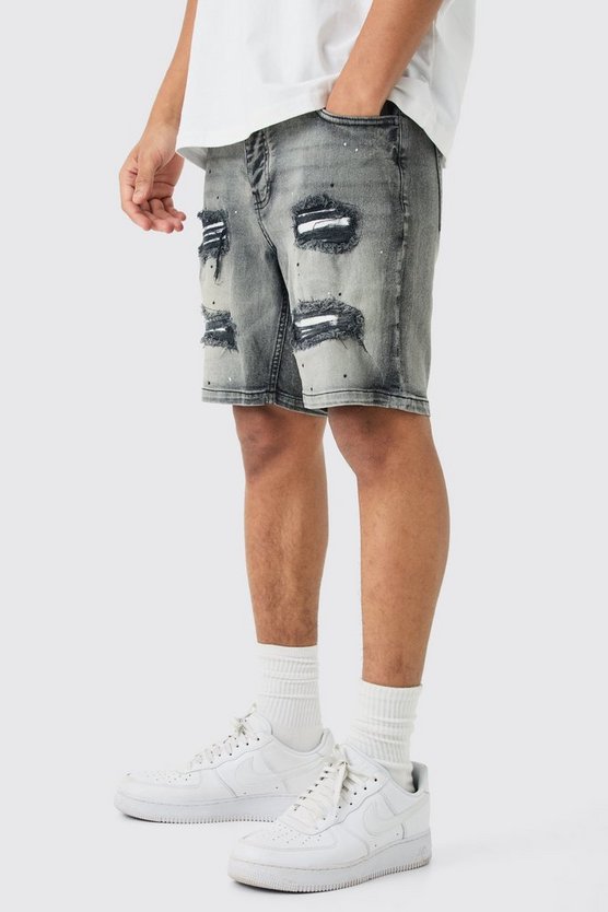 Skinny Stretch PU Jeansshorts mit Farbspritzern und Rissen