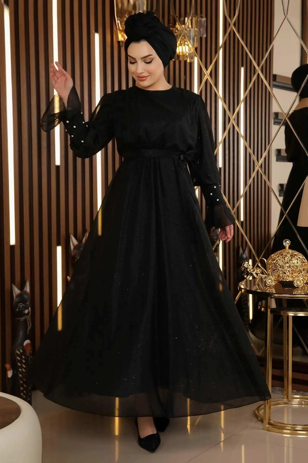Modamihram  Abendkleid aus Chiffon mit Steindetail und Glitzer, Schwarz 19113
